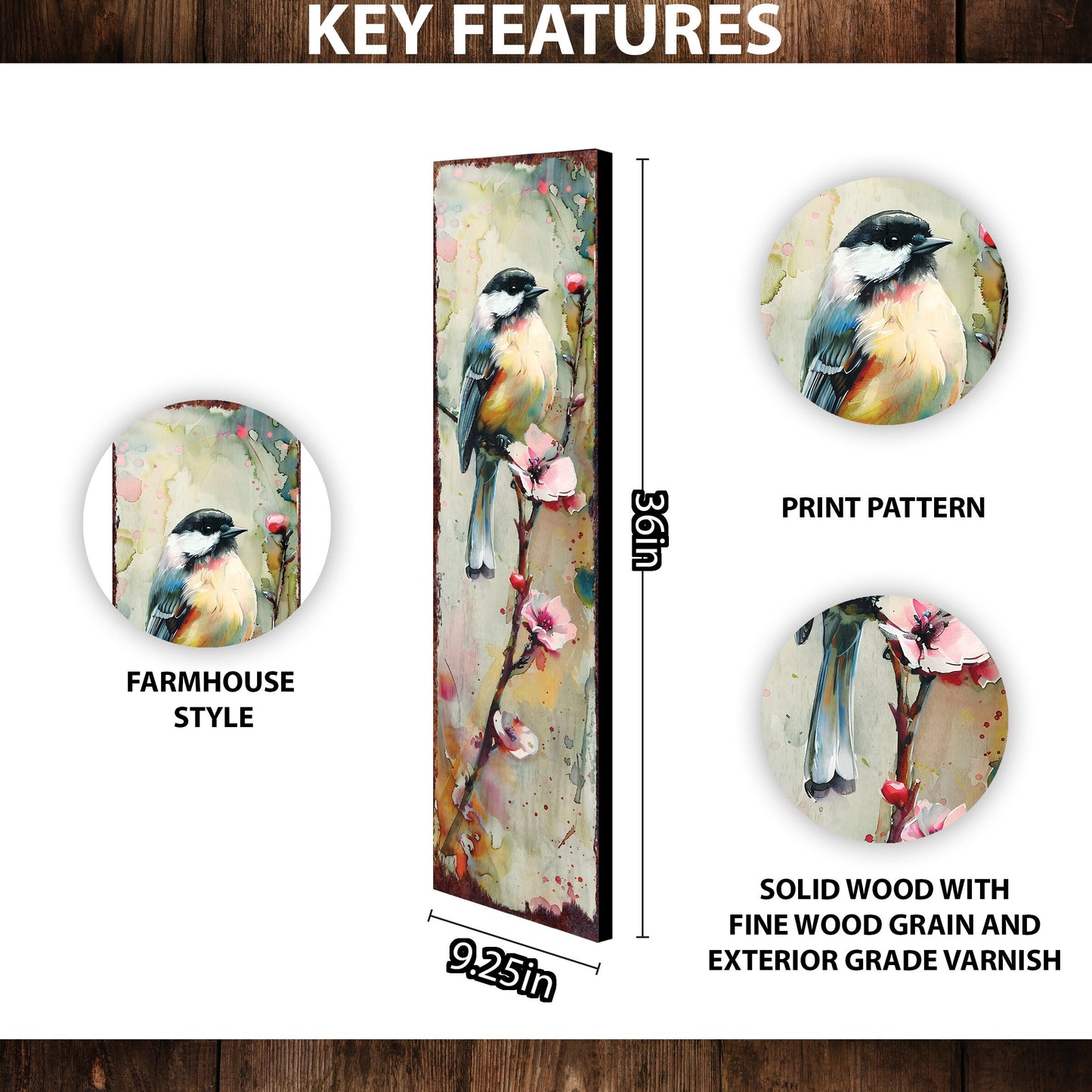 36in Spring Watercolor Chickadee Porch Sign - Front Door Yellow Spring Decor Sign, Perfect for Farmhouse Outdoor Entryway Decor