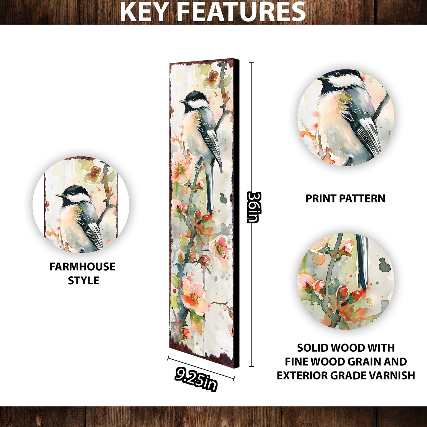 36-Inch Spring Watercolor Chickadee Porch Sign | Front Door Colorful Spring Decor Sign | Perfect For Farmhouse Outdoor Entryway Decor
