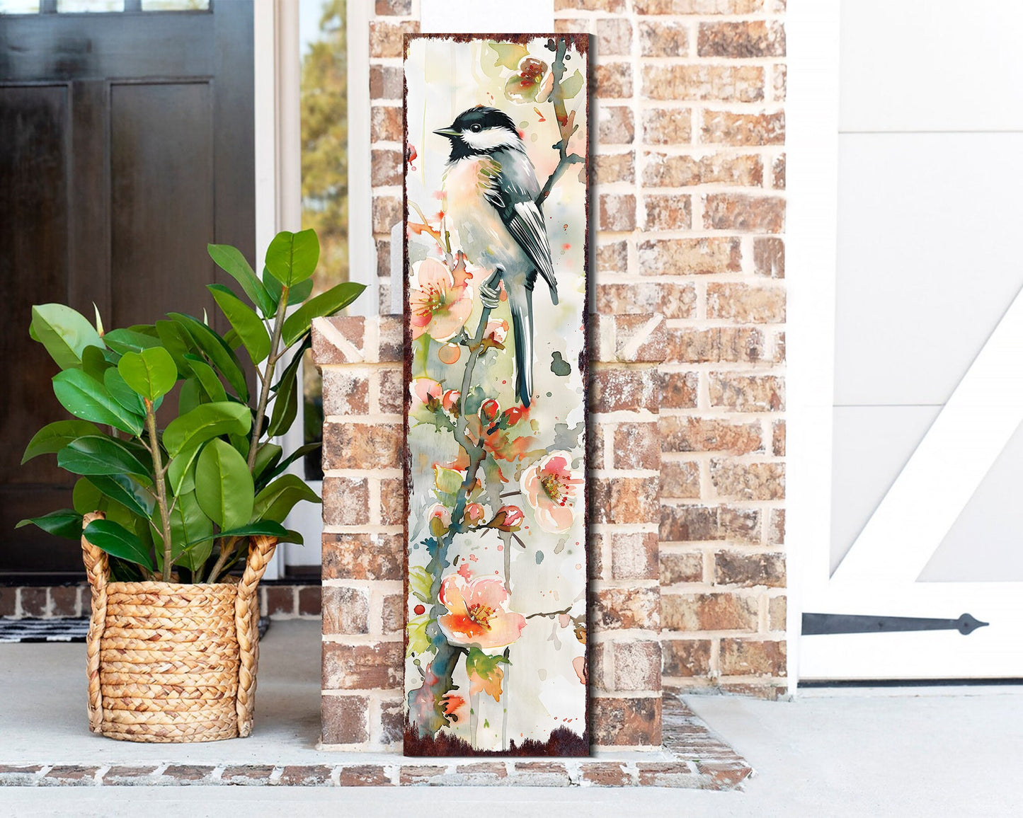 36-Inch Spring Watercolor Chickadee Porch Sign | Front Door Colorful Spring Decor Sign | Perfect For Farmhouse Outdoor Entryway Decor