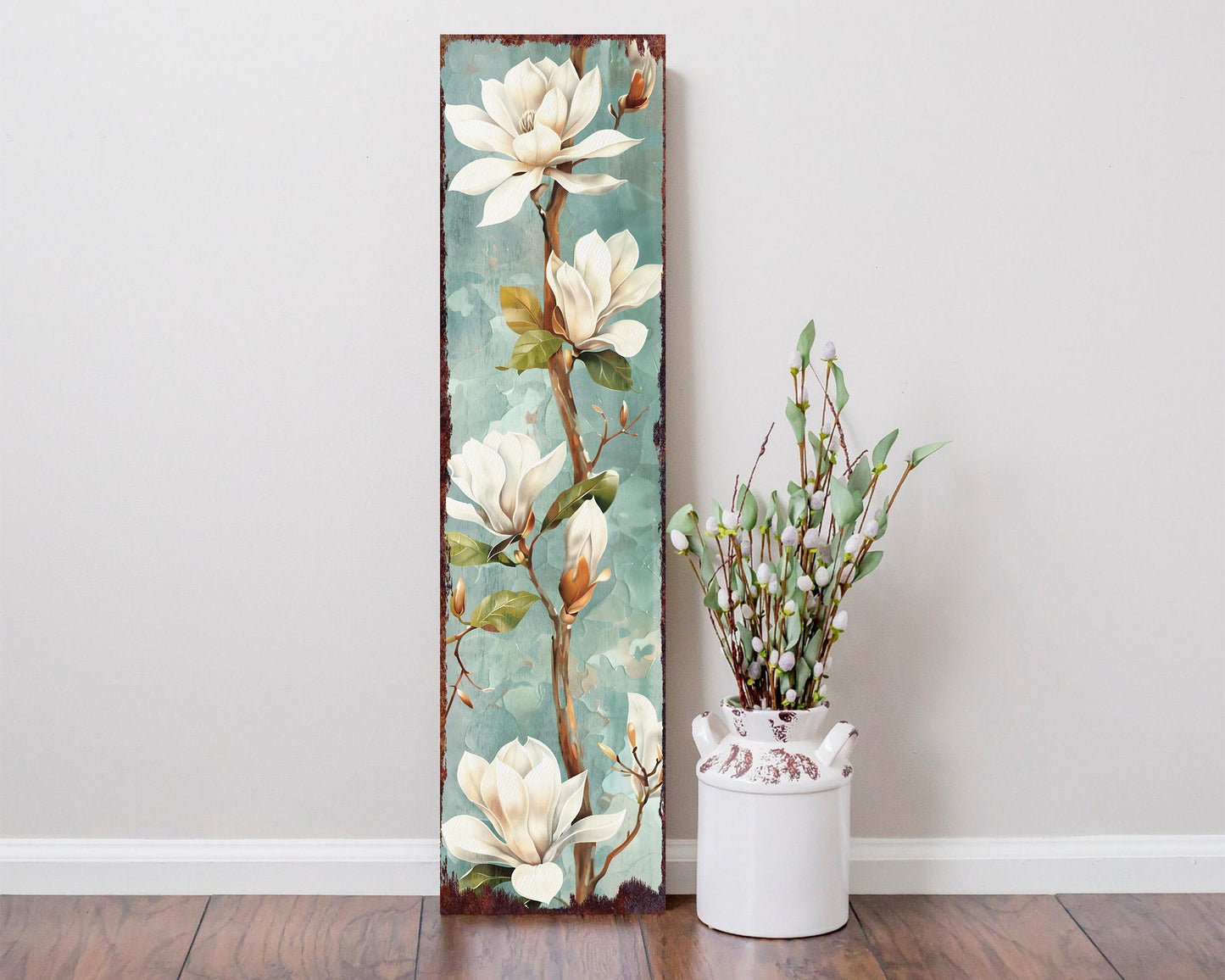 36in Spring Magnolia Porch Sign | Playful Watercolor White Magnolia | Light Blue Background | Entryway, Front Door, Porch Home Decor Sign