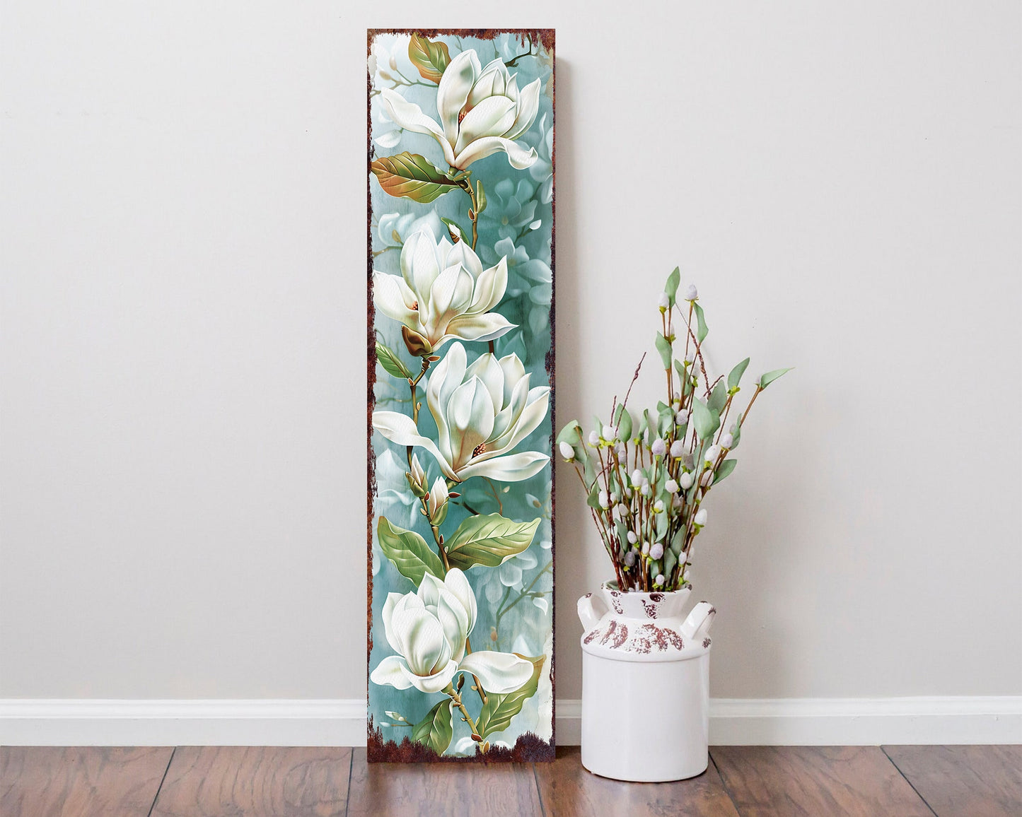 36in Spring Magnolia Porch Sign Playful Watercolor White Magnolia Light Blue Background for Entryway, Front Door, Porch Home Decor