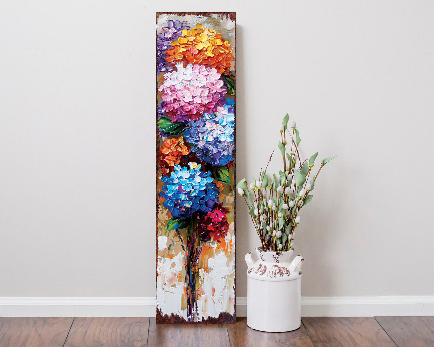 36in Hydrangeas Porch Sign | Oil Paint Style Spring Floral Home Decor | Perfect for Living Room, Entryway, Mantle, Porch| UV Print