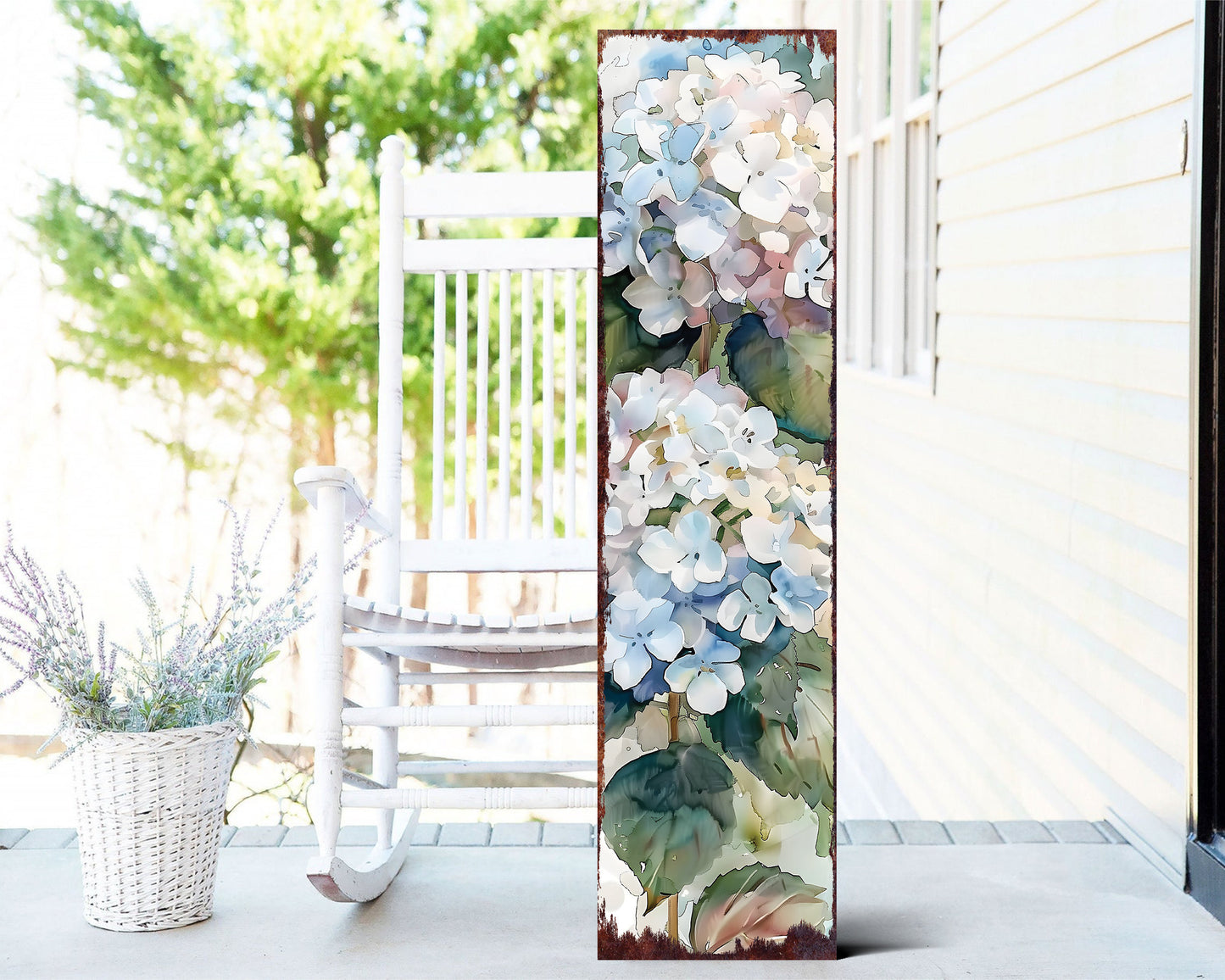 36in White Hydrangeas Spring Porch Sign | UV Print | Watercolor Style Floral Home Decor | Ideal for Living Room, Entryway, Mantle, Porch