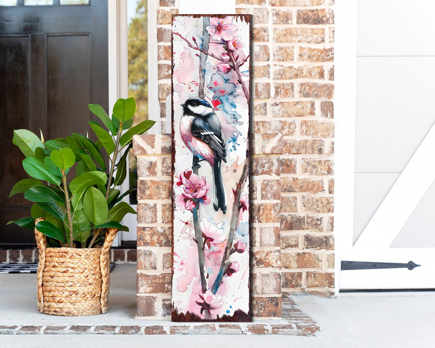 36in Spring Watercolor Chickadee Porch Sign - Front Door Wall Decor, Perfect for Farmhouse Outdoor Entryway Decor Plaque