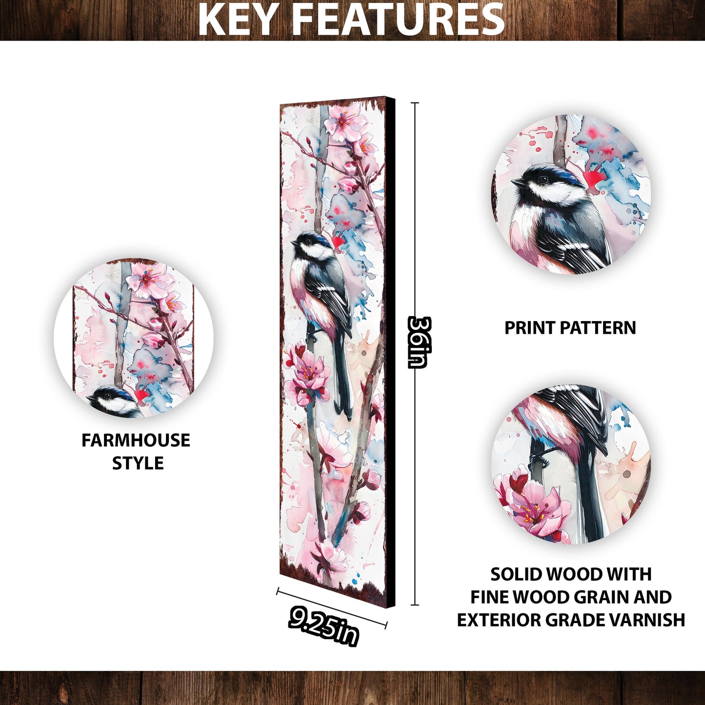36in Spring Watercolor Chickadee Porch Sign - Front Door Wall Decor, Perfect for Farmhouse Outdoor Entryway Decor Plaque