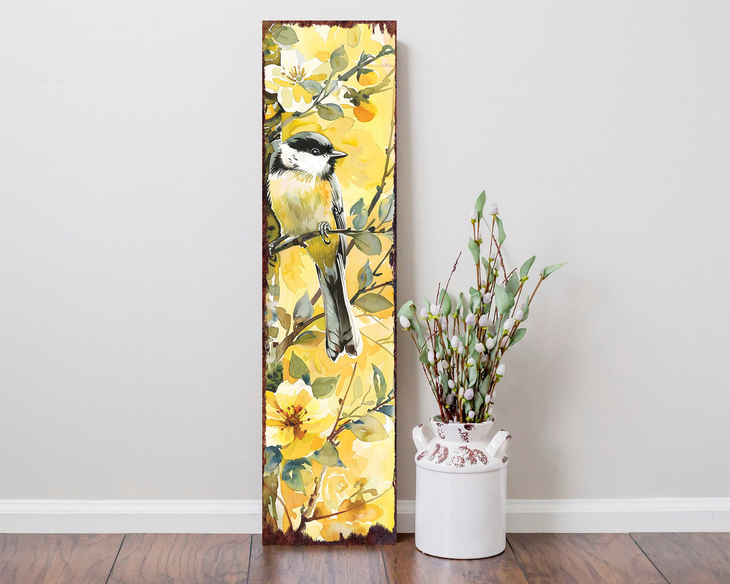 36in Spring Watercolor Chickadee Porch Sign - Front Door Yellow Spring Decor, Perfect for Farmhouse Outdoor Entryway Decor Plaque