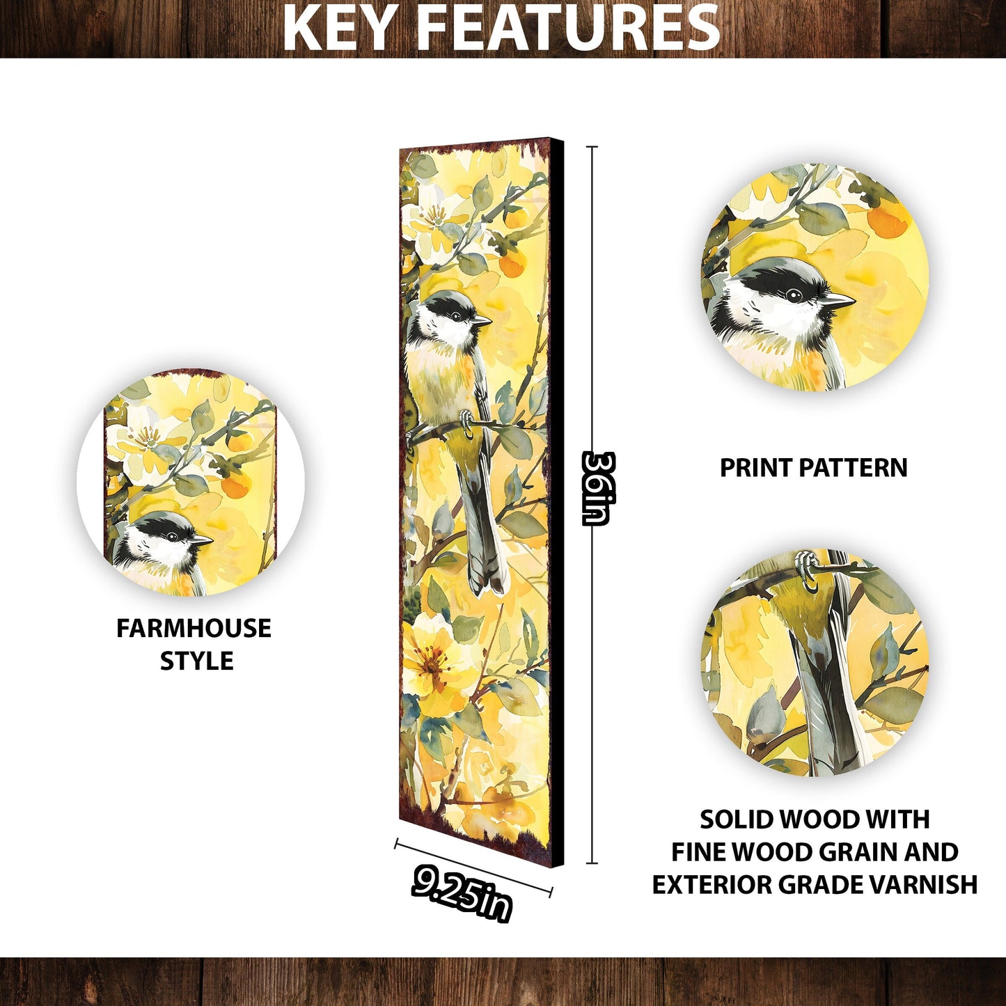 36in Spring Watercolor Chickadee Porch Sign - Front Door Yellow Spring Decor, Perfect for Farmhouse Outdoor Entryway Decor Plaque