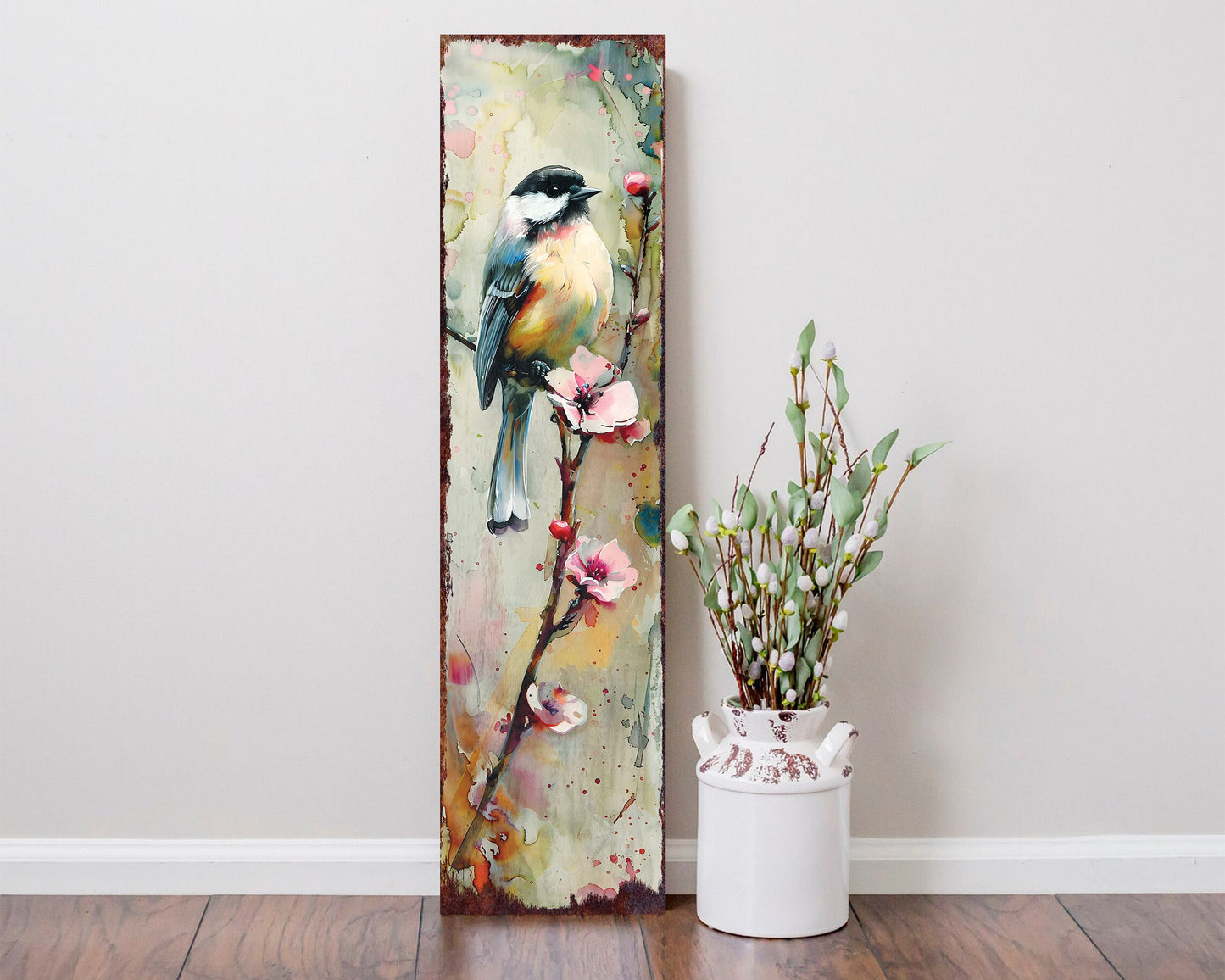 36in Spring Watercolor Chickadee Porch Sign - Front Door Yellow Spring Decor Sign, Perfect for Farmhouse Outdoor Entryway Decor