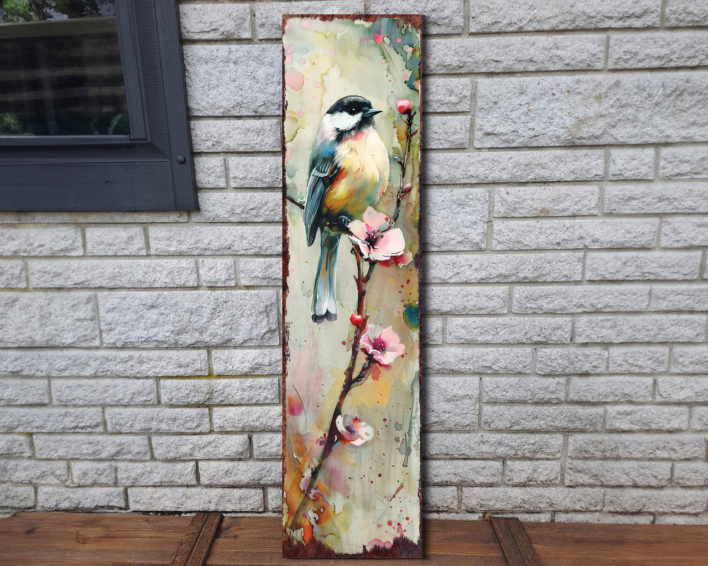 36in Spring Watercolor Chickadee Porch Sign - Front Door Yellow Spring Decor Sign, Perfect for Farmhouse Outdoor Entryway Decor