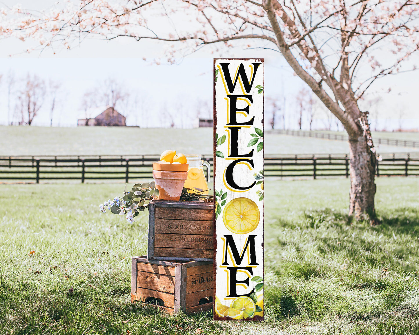 48in Fresh Lemon Summer Welcome Porch Sign | Rustic Wooden Decor | Outdoor Wall Art | Vibrant Farmhouse Patio Display