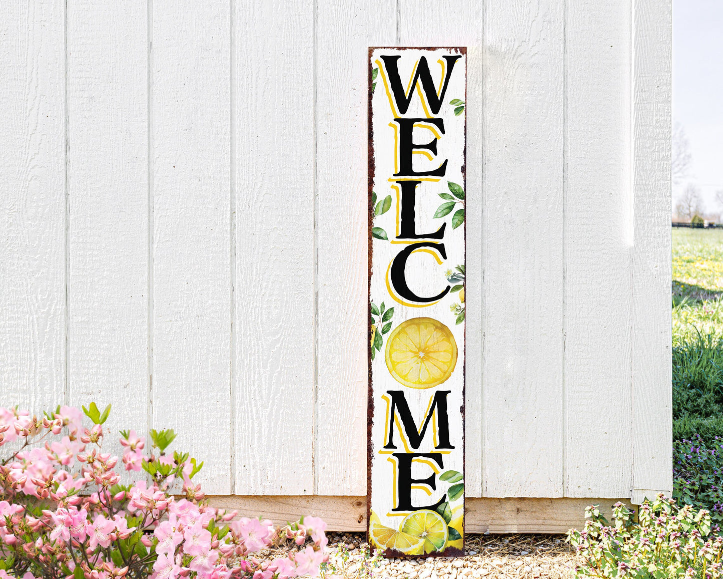 48in Fresh Lemon Summer Welcome Porch Sign | Rustic Wooden Decor | Outdoor Wall Art | Vibrant Farmhouse Patio Display