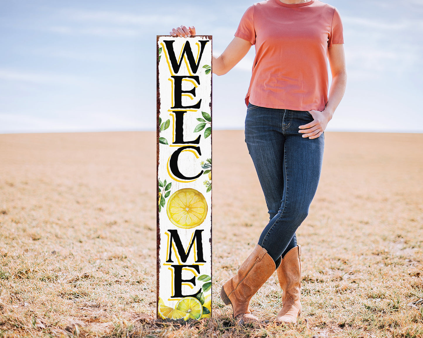 48in Fresh Lemon Summer Welcome Porch Sign | Rustic Wooden Decor | Outdoor Wall Art | Vibrant Farmhouse Patio Display