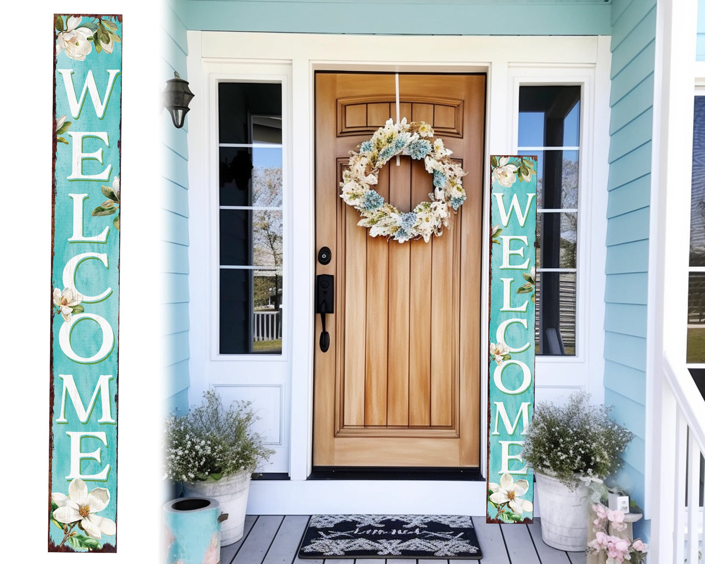 72in Summer Magnolia Welcome Porch Sign | Rustic Wooden Decor | Outdoor Wall Art | Vibrant Floral Farmhouse Patio Decor