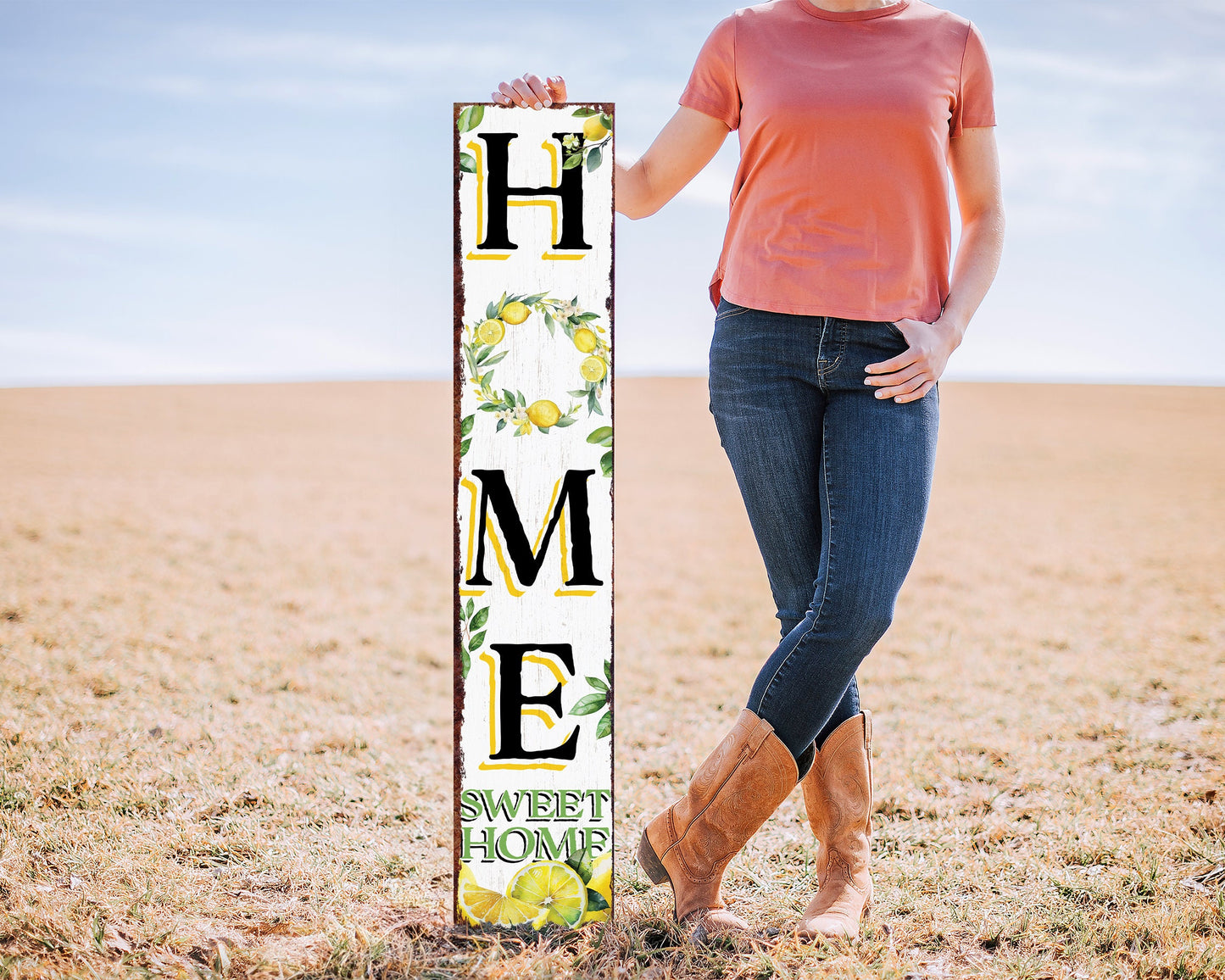 48in Lemon Summer Home Sweet Home Porch Sign | Rustic Wooden Front Door Decor | Outdoor Farmhouse Patio Display Board