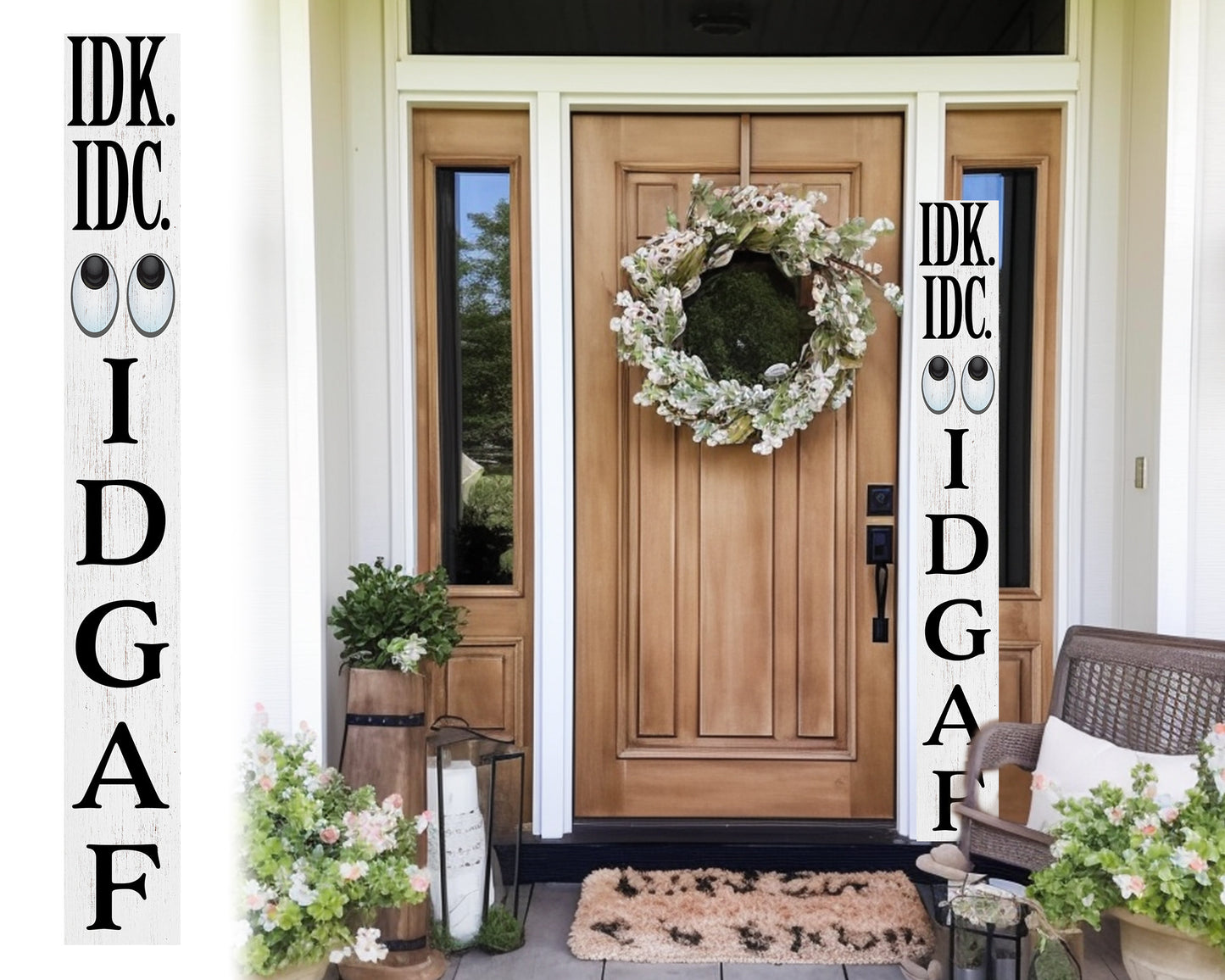 72-Inch Everyday IDK IDC IDGAF Porch Sign | Funny & Humorous Wood Sign | Ideal for Farmhouse Outdoor Entryway, Front Door Wall | White