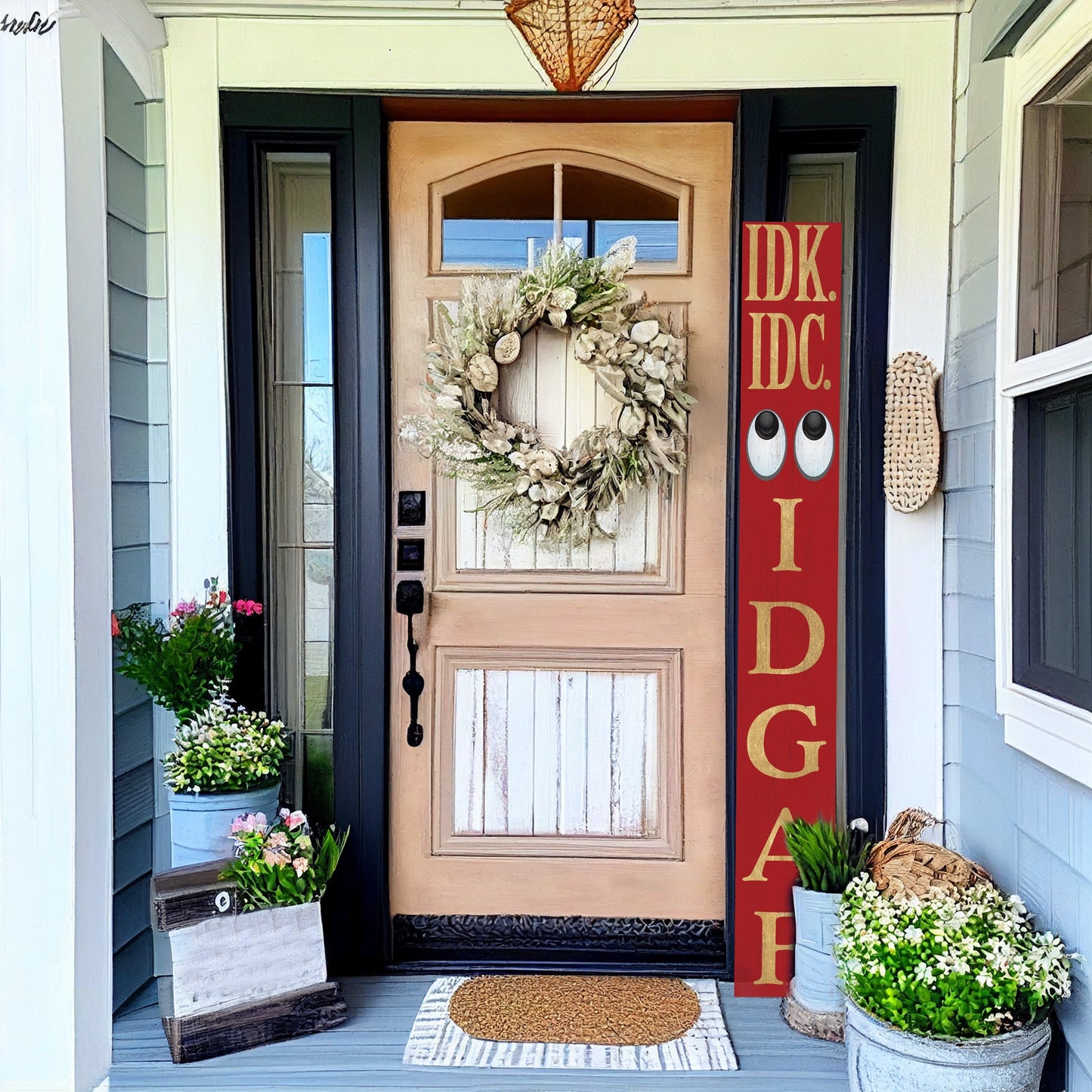72-Inch Everyday IDK IDC IDGAF Porch Sign | Funny & Humorous Wood Sign | Ideal for Farmhouse Outdoor Entryway, Front Door Wall | Red