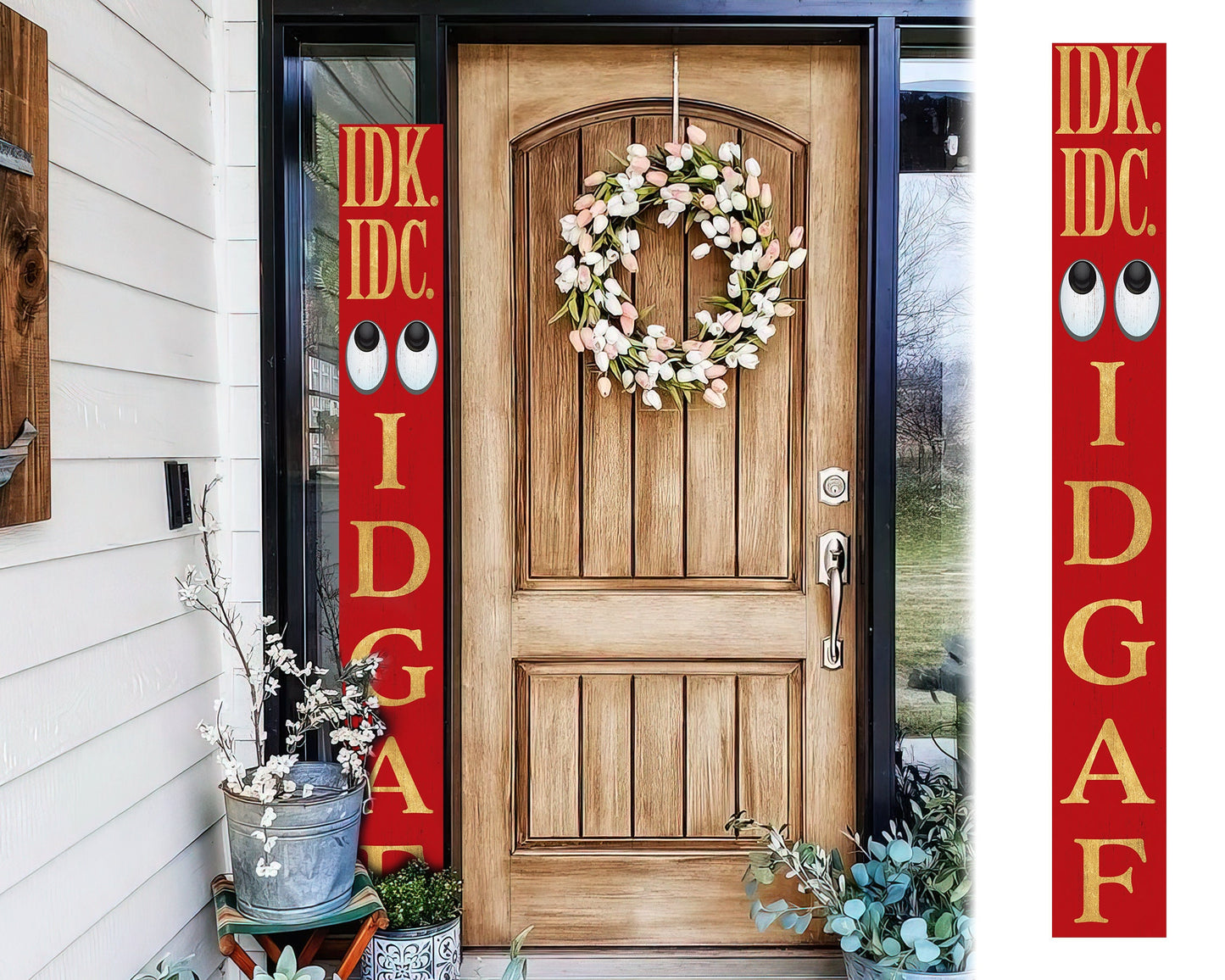 72-Inch Everyday IDK IDC IDGAF Porch Sign | Funny & Humorous Wood Sign | Ideal for Farmhouse Outdoor Entryway, Front Door Wall | Red