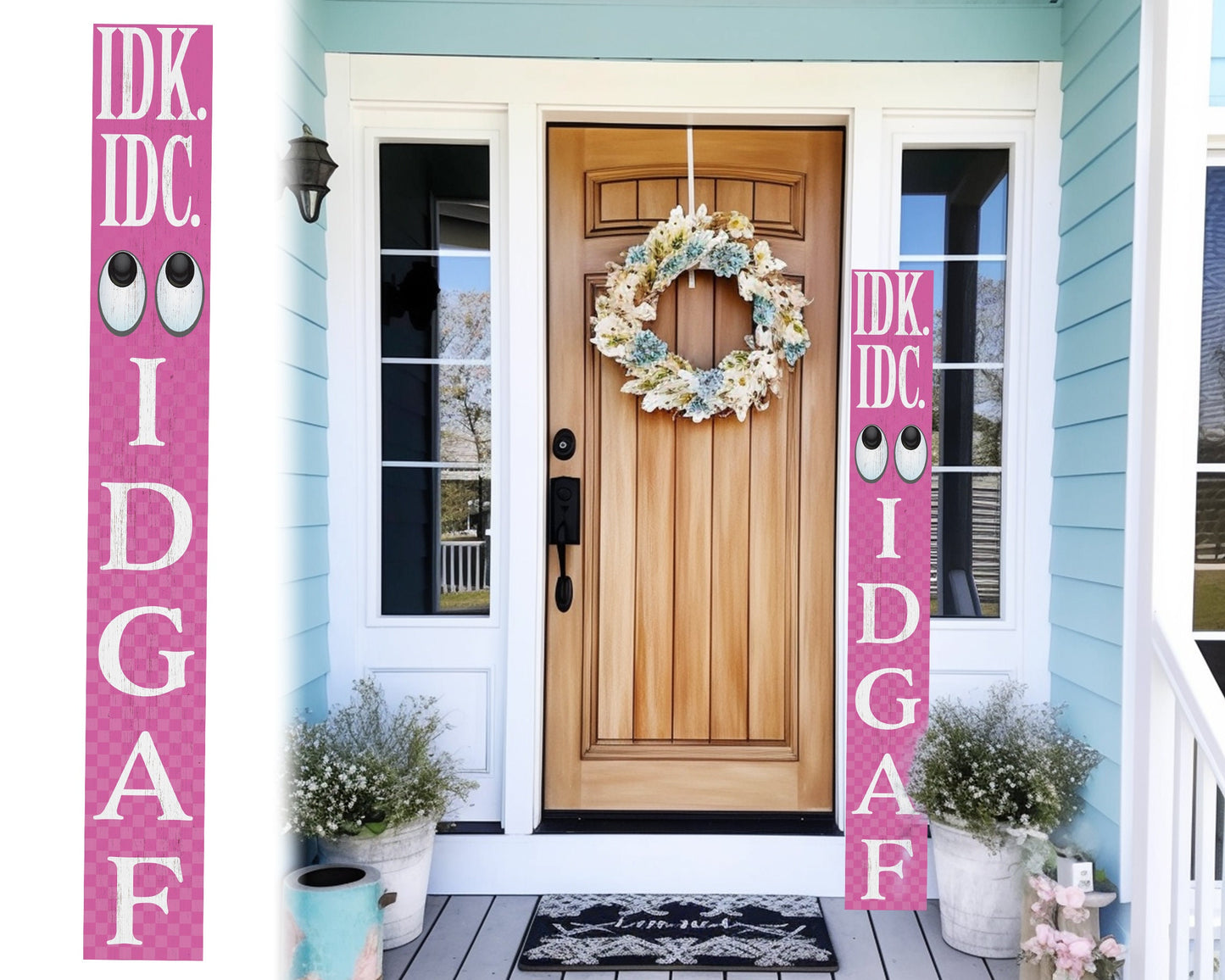 72-Inch Everyday IDK IDC IDGAF Porch Sign | Funny & Humorous Wood Sign | Ideal for Farmhouse Outdoor Entryway, Front Door Wall | Pink