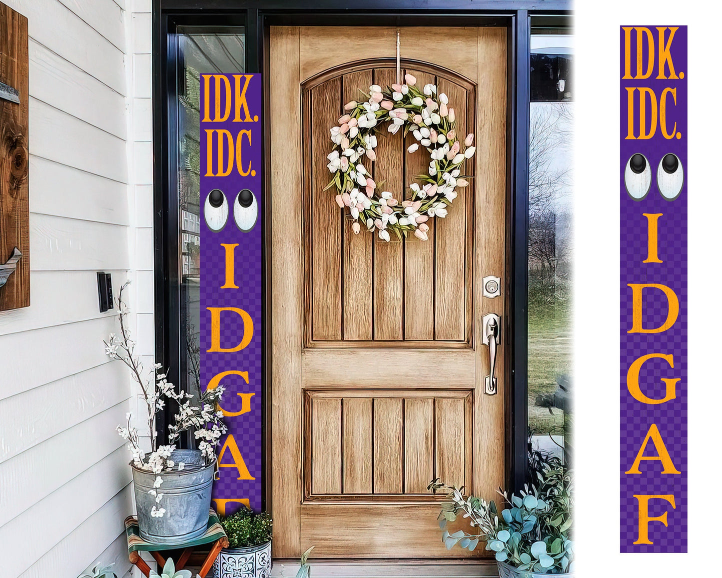 72-Inch Everyday IDK IDC IDGAF Porch Sign | Funny & Humorous Wood Sign | Ideal for Farmhouse Outdoor Entryway, Front Door Wall | Purple