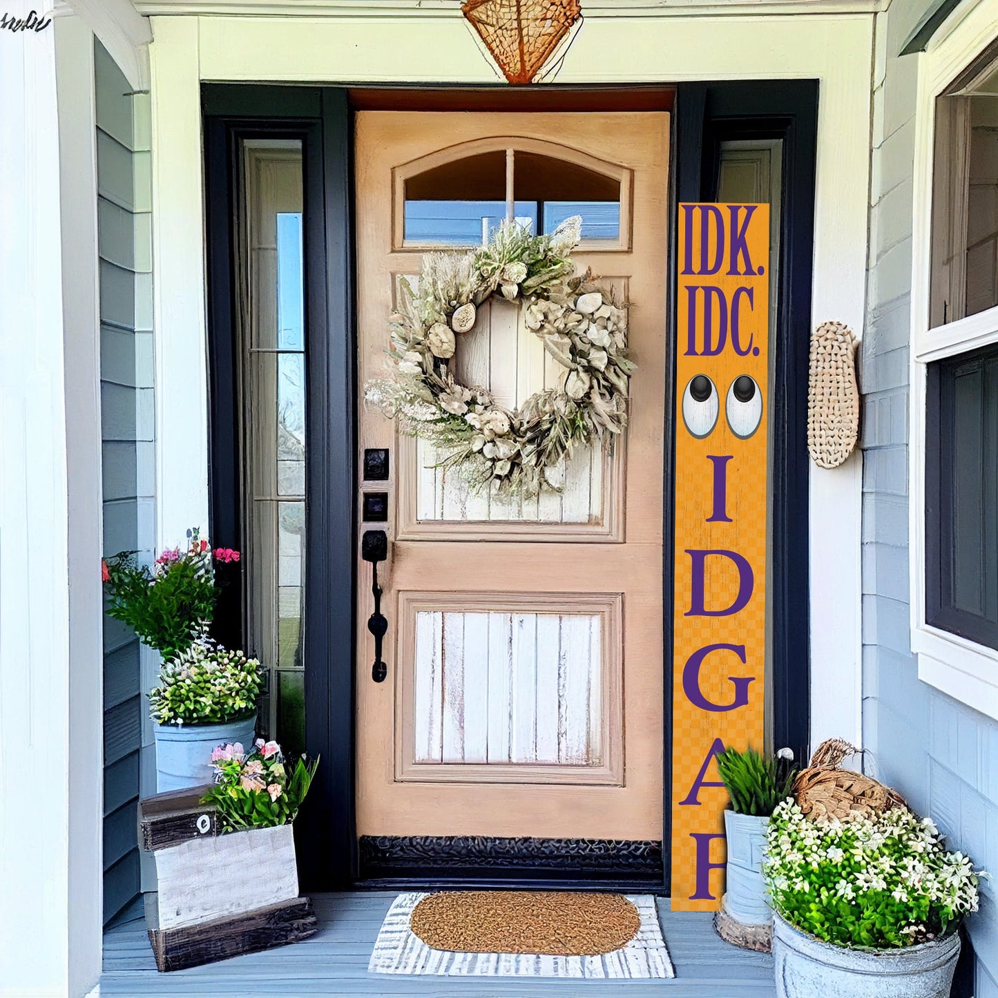 72-Inch Everyday IDK IDC IDGAF Porch Sign | Funny & Humorous Wood Sign | Ideal for Farmhouse Outdoor Entryway, Front Door Wall | Gold