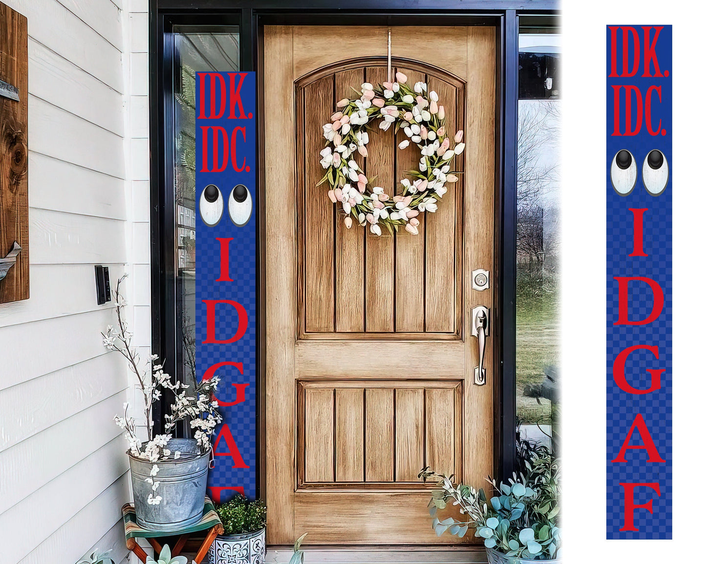72-Inch Everyday IDK IDC IDGAF Porch Sign | Funny & Humorous Wood Sign | Ideal for Farmhouse Outdoor Entryway, Front Door Wall | Blue