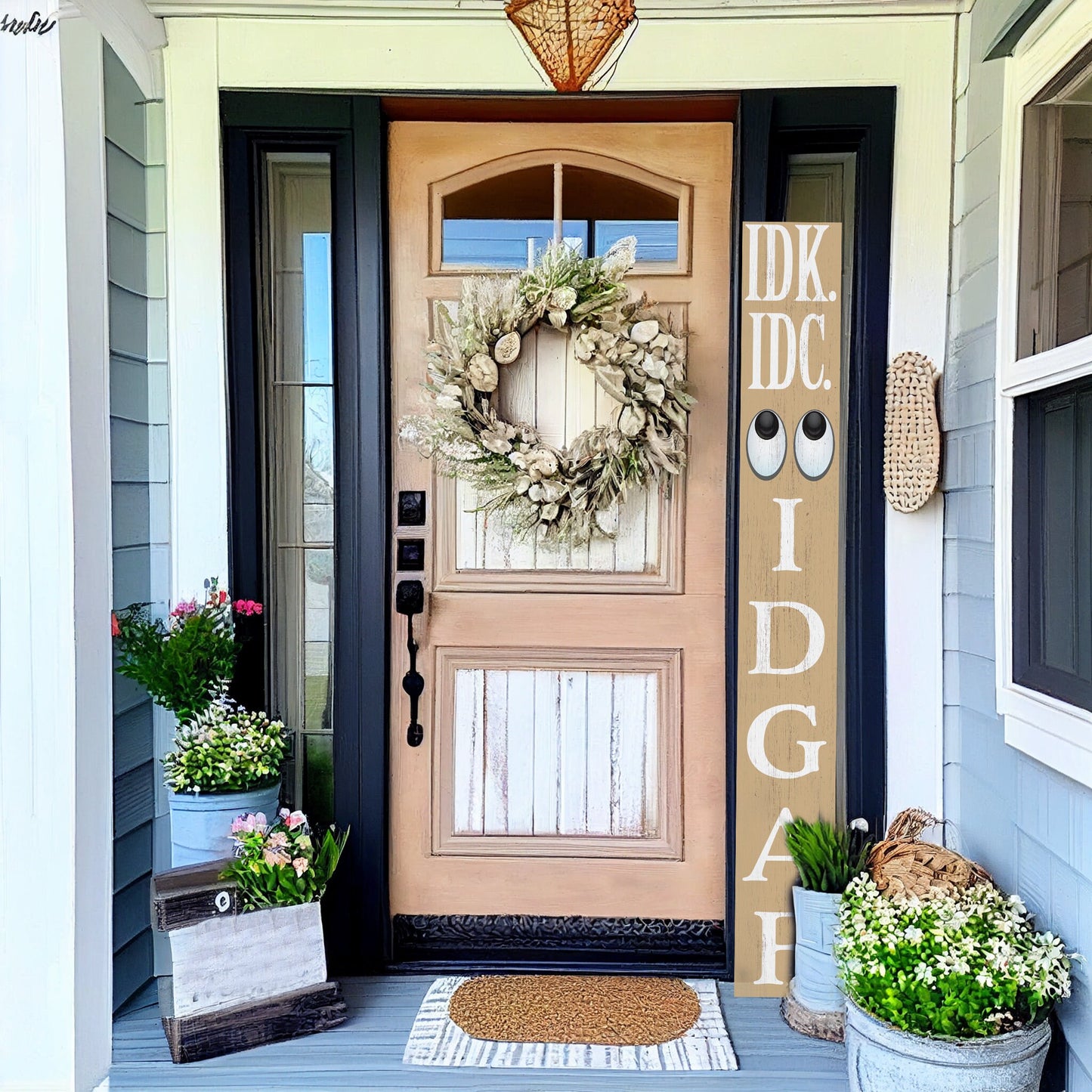 72-Inch Everyday IDK IDC IDGAF Porch Sign | Funny & Humorous Wood Sign | Ideal for Farmhouse Outdoor Entryway, Front Door Wall | Beige