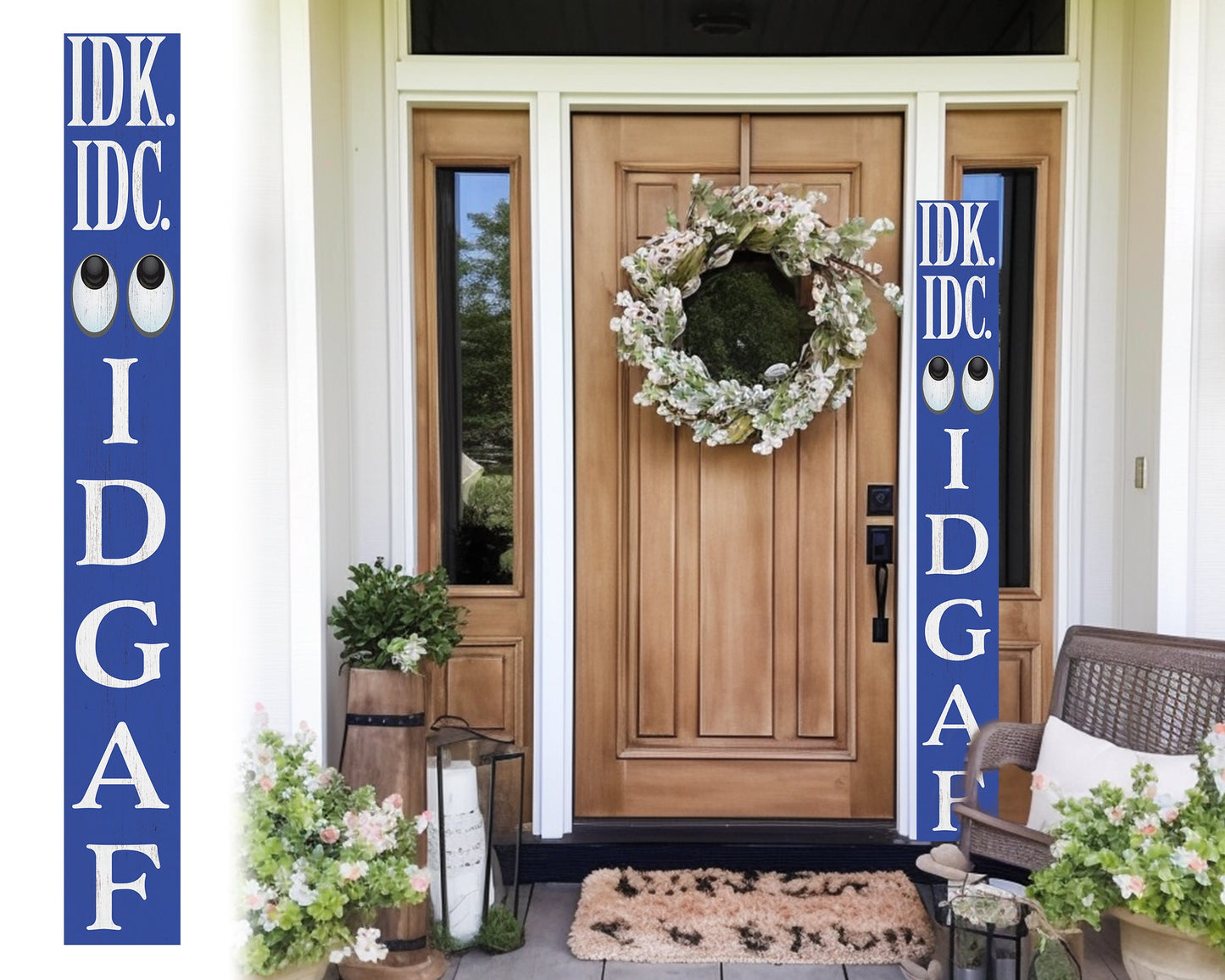 72-Inch Everyday IDK IDC IDGAF Porch Sign | Funny & Humorous Wood Sign | Ideal for Farmhouse Outdoor Entryway, Front Door Wall | Navy