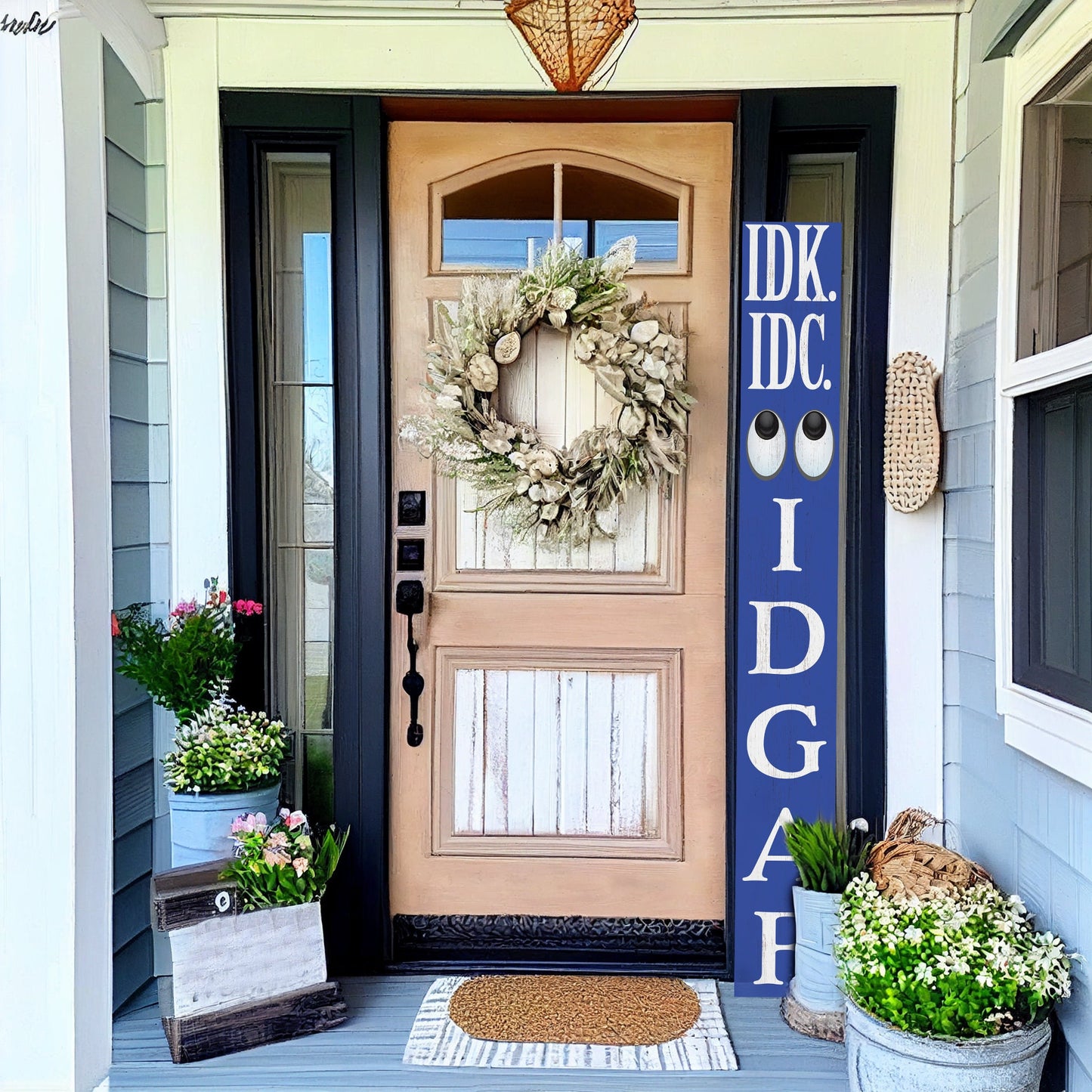 72-Inch Everyday IDK IDC IDGAF Porch Sign | Funny & Humorous Wood Sign | Ideal for Farmhouse Outdoor Entryway, Front Door Wall | Navy