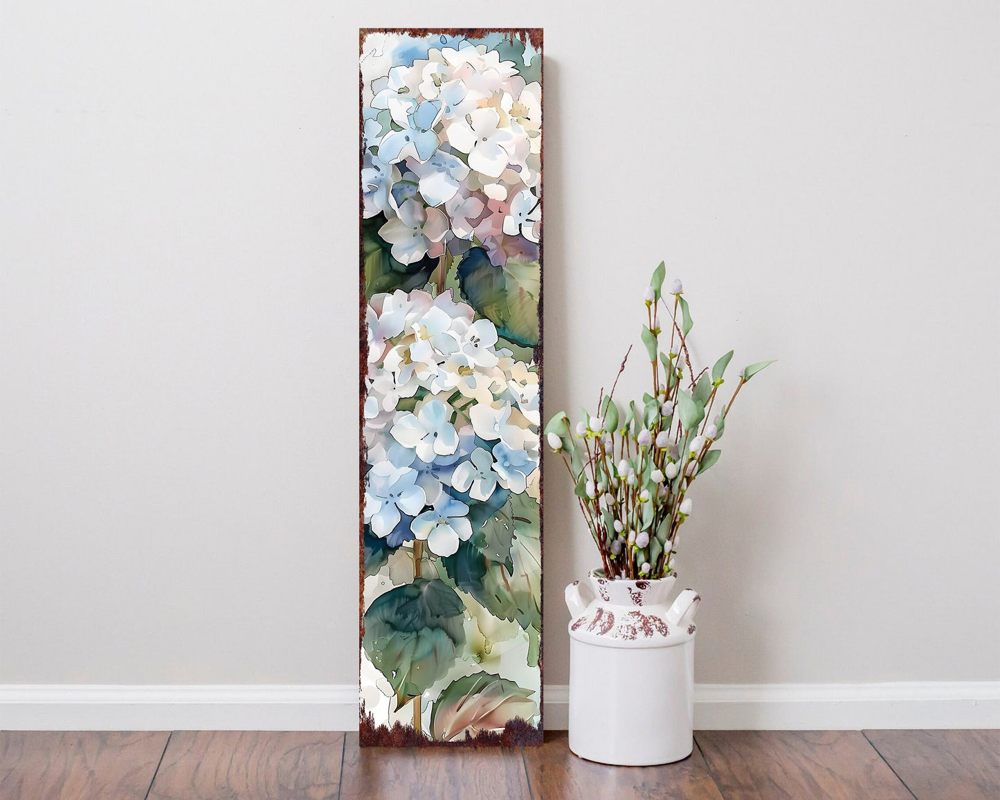 36in White Hydrangeas Spring Porch Sign | UV Print | Watercolor Style Floral Home Decor | Ideal for Living Room, Entryway, Mantle, Porch