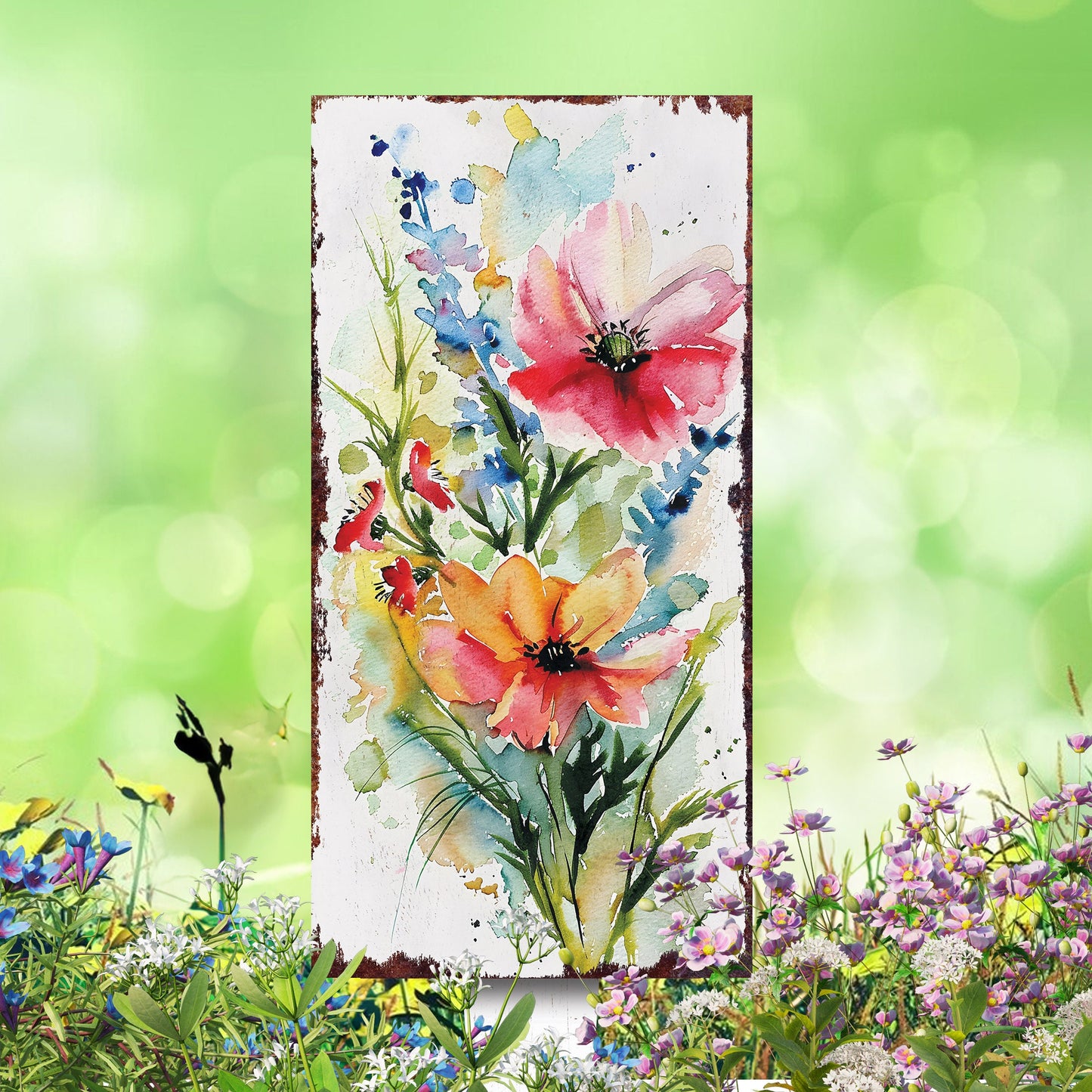30in Spring Garden Stake | Watercolor Wildflower Decor | Ideal for Outdoor Decor and Yard Sign, Garden Decorative
