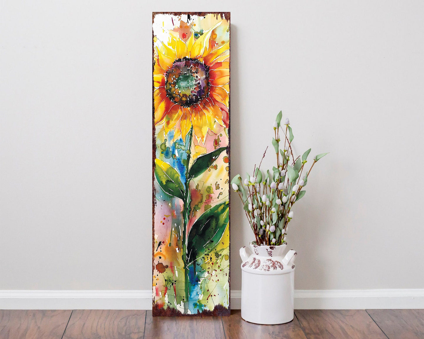 36in Summer Watercolor Sunflower Wooden Porch Sign | Rustic Farmhouse Decor for Front Door, Wall, Outdoor Entryway Display