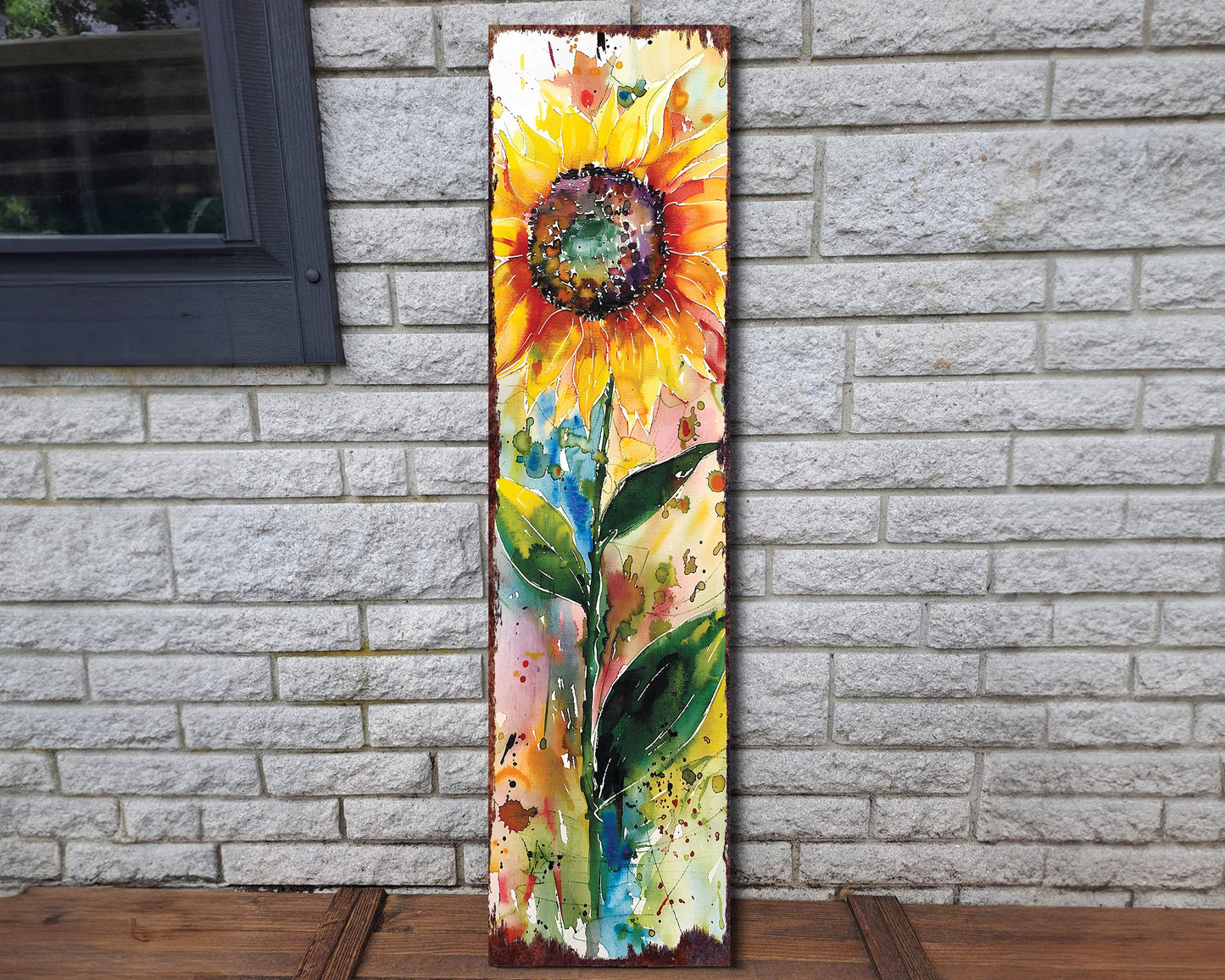 36in Summer Watercolor Sunflower Wooden Porch Sign | Rustic Farmhouse Decor for Front Door, Wall, Outdoor Entryway Display