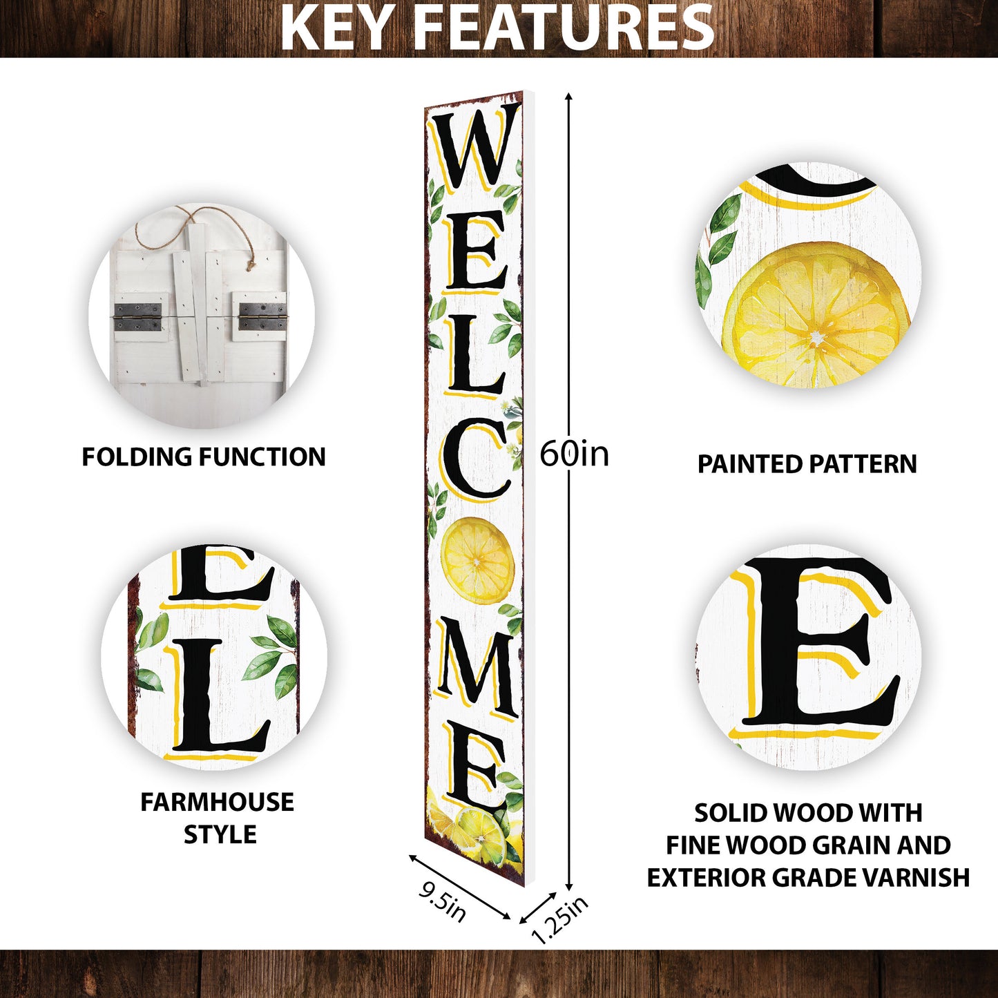 60in Fresh Lemon Summer Welcome Porch Sign | Rustic Wooden Decor | Outdoor Wall Art | Vibrant Farmhouse Patio Display