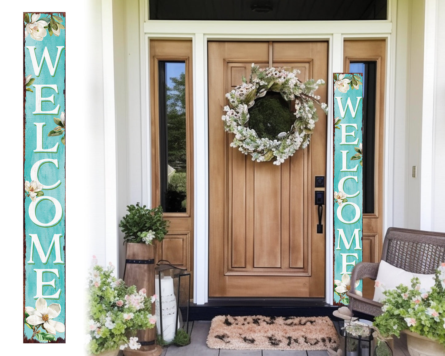 72in Summer Magnolia Welcome Porch Sign | Rustic Wooden Decor | Outdoor Wall Art | Vibrant Floral Farmhouse Patio Decor