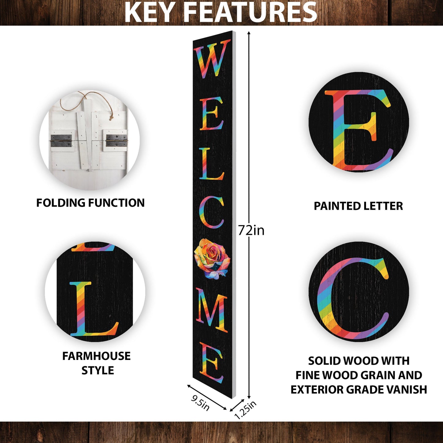 72-inch Pride LGBT Black Outdoor Welcome Sign | Rustic Front Door Sign | Foldable and Portable | UV Protected and Sealed