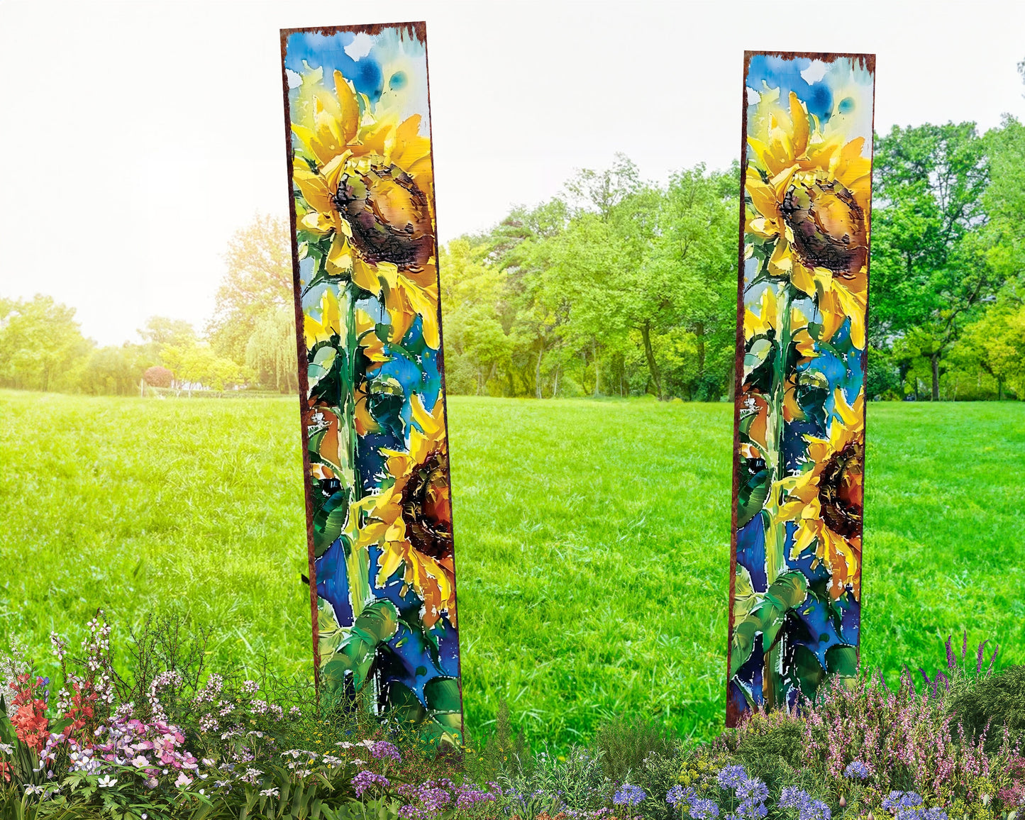 42in Summer Garden Stake - Oil Paint Style Sunflowers Decor - Ideal for Outdoor, Yard, and Garden Decorations