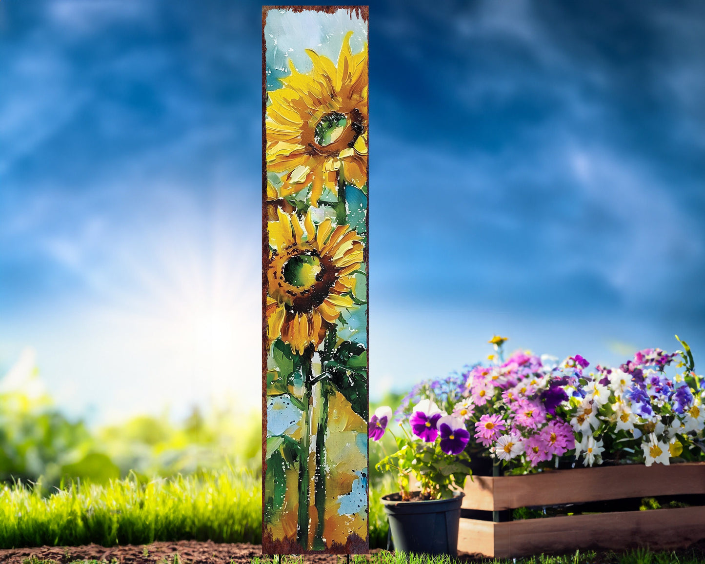 42in Summer Garden Stake - Oil Paint Style Sunflower Decor Plaque - Ideal for Outdoor, Yard, and Garden Decorations
