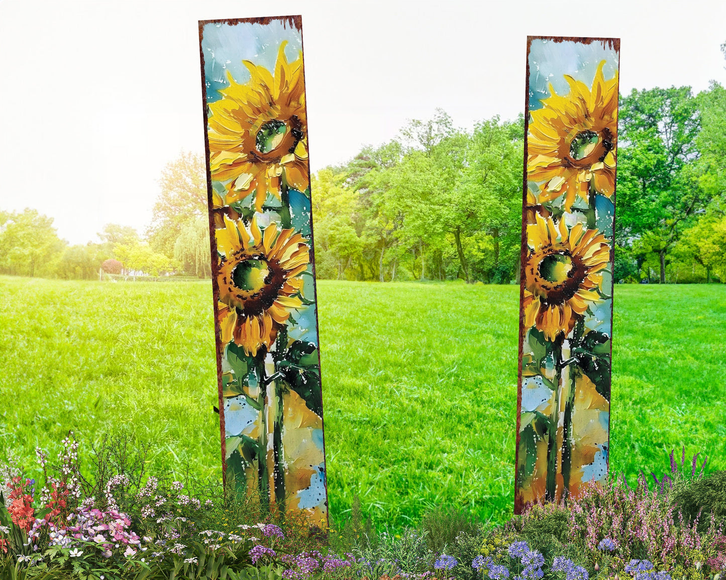 42in Summer Garden Stake - Oil Paint Style Sunflower Decor Plaque - Ideal for Outdoor, Yard, and Garden Decorations