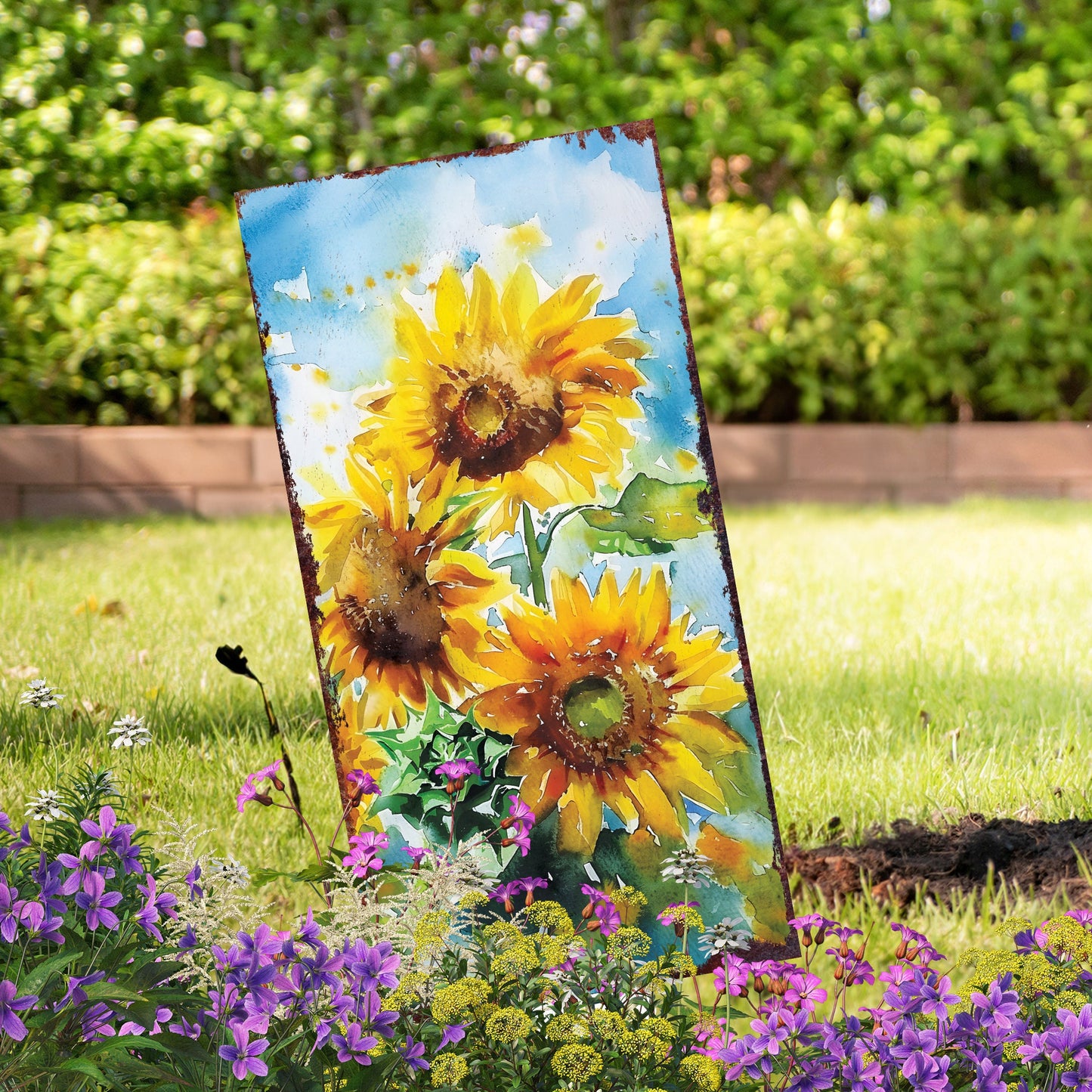30in Summer Garden Stake | Watercolor Style Sunflowers Decor - Made in USA - Ideal for Outdoor, Yard, and Garden Decor