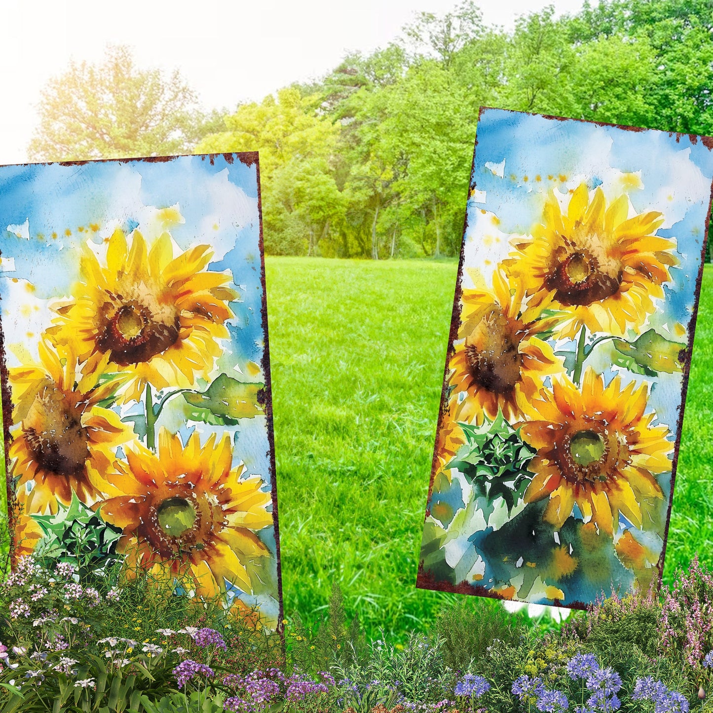 30in Summer Garden Stake | Watercolor Style Sunflowers Decor - Made in USA - Ideal for Outdoor, Yard, and Garden Decor