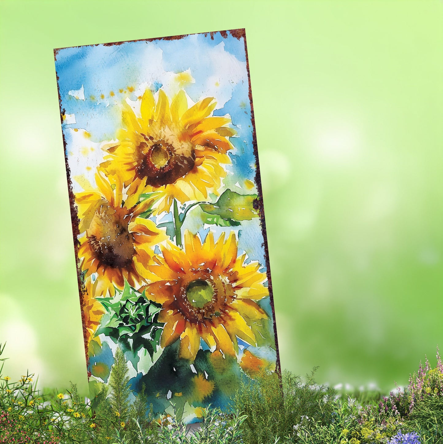 30in Summer Garden Stake | Watercolor Style Sunflowers Decor - Made in USA - Ideal for Outdoor, Yard, and Garden Decor