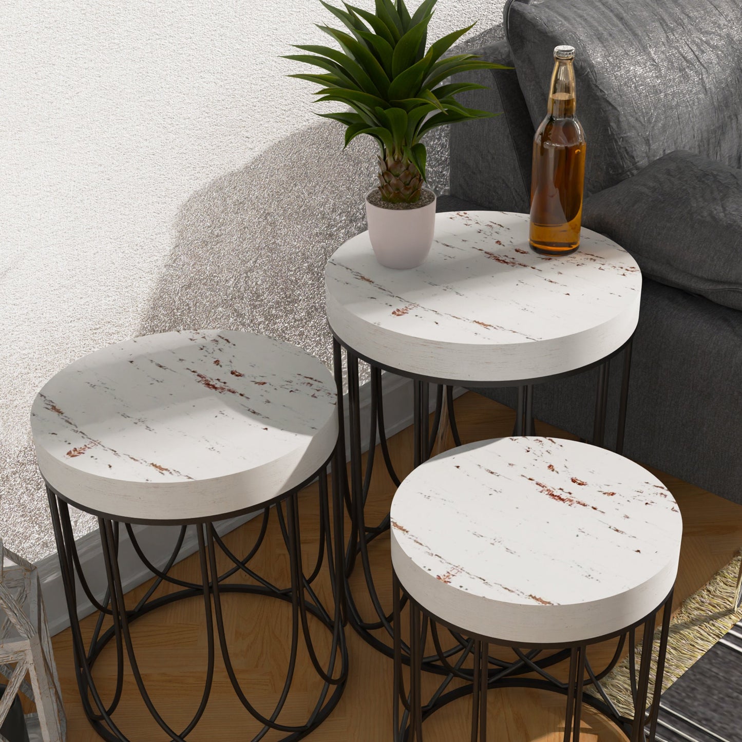 White Accent Table Set - Farmhouse Style Round End Tables - Set of 3 - Perfect for Bedroom, Balcony, Patio