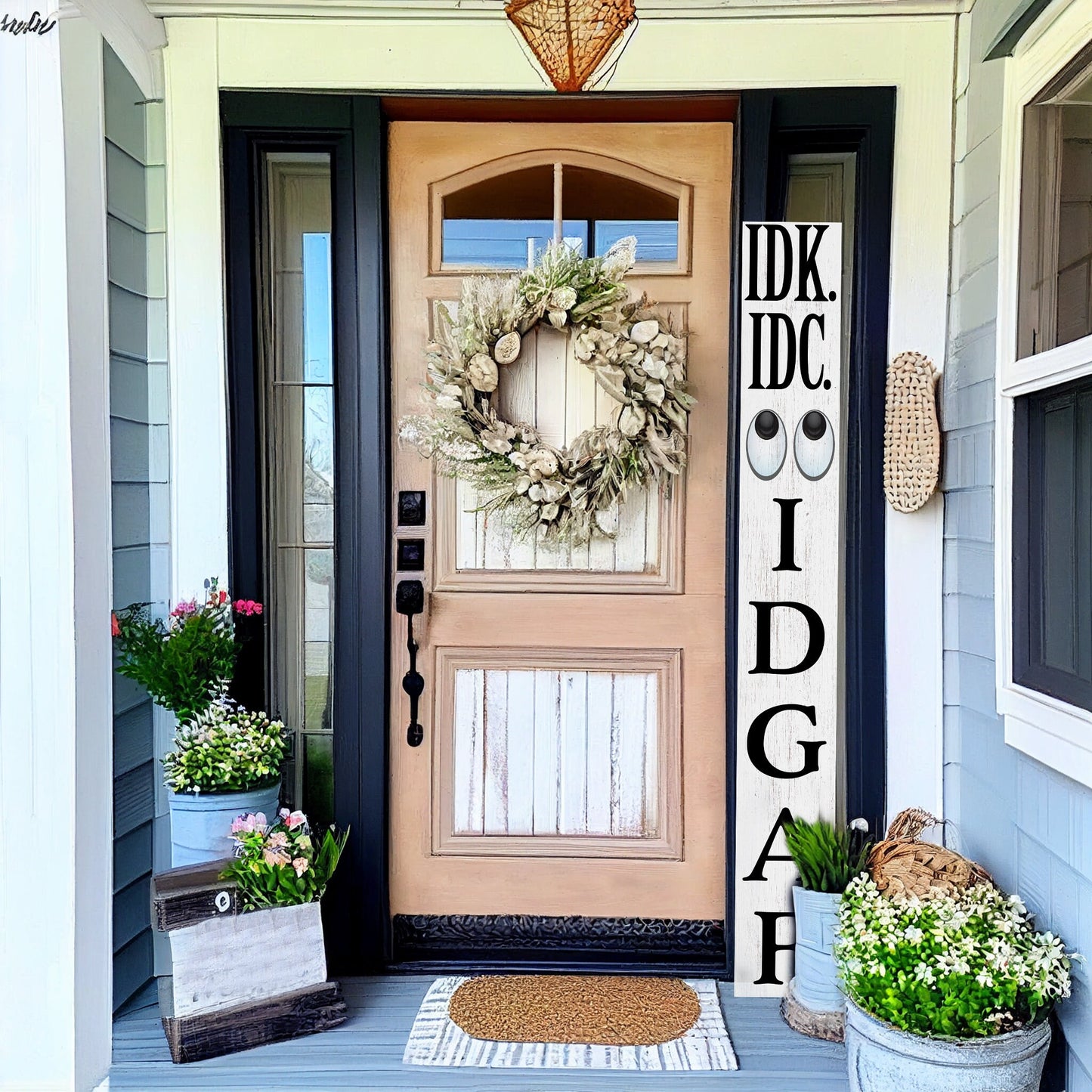 72-Inch Everyday IDK IDC IDGAF Porch Sign | Funny & Humorous Wood Sign | Ideal for Farmhouse Outdoor Entryway, Front Door Wall | White