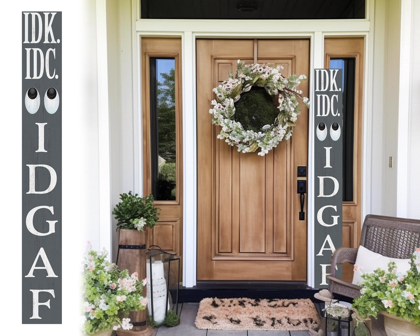 72-Inch Everyday IDK IDC IDGAF Porch Sign | Funny & Humorous Wood Sign | Ideal for Farmhouse Outdoor Entryway, Front Door Wall | Gray