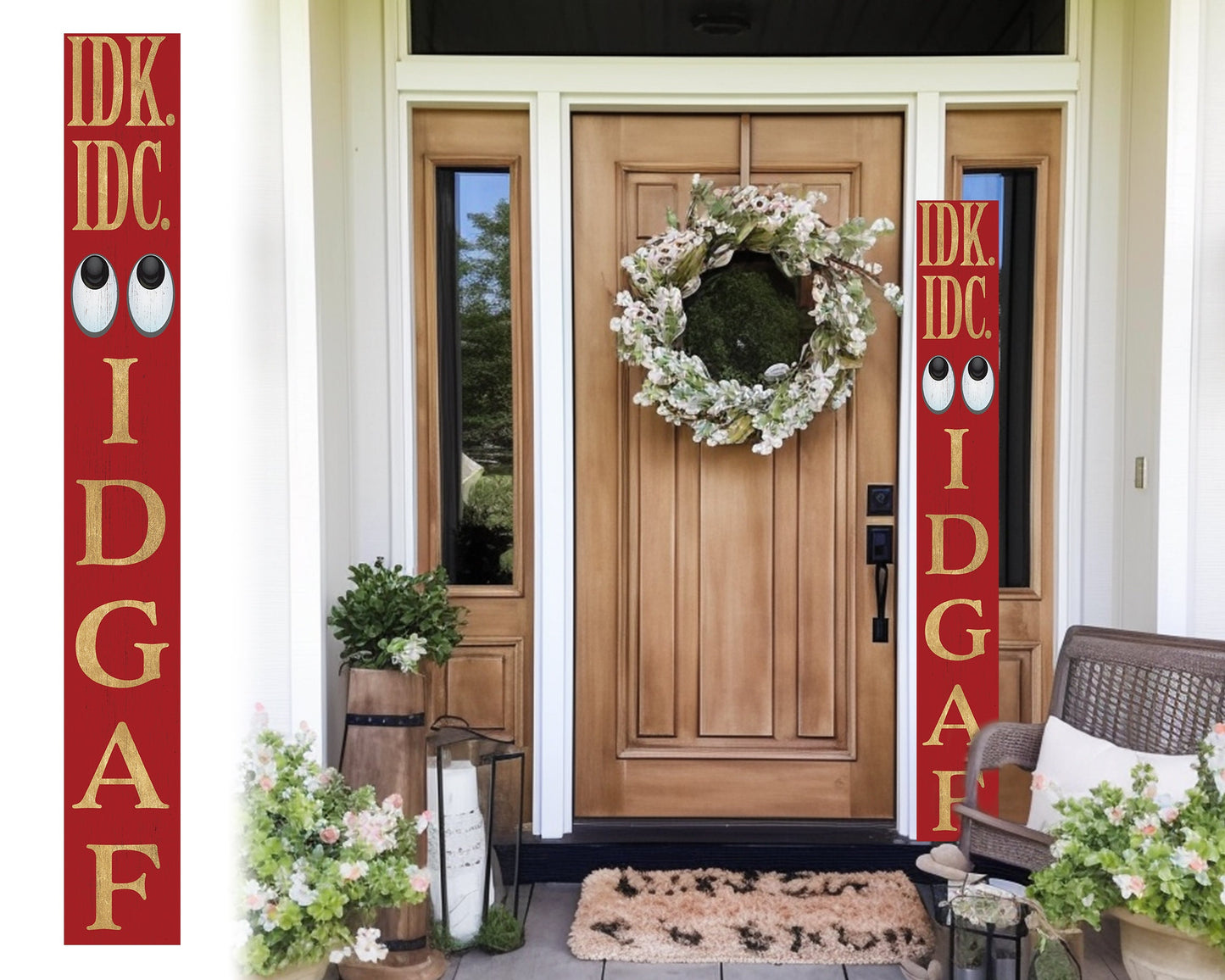 72-Inch Everyday IDK IDC IDGAF Porch Sign | Funny & Humorous Wood Sign | Ideal for Farmhouse Outdoor Entryway, Front Door Wall | Red