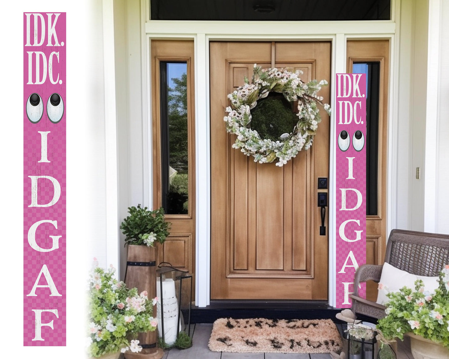 72-Inch Everyday IDK IDC IDGAF Porch Sign | Funny & Humorous Wood Sign | Ideal for Farmhouse Outdoor Entryway, Front Door Wall | Pink