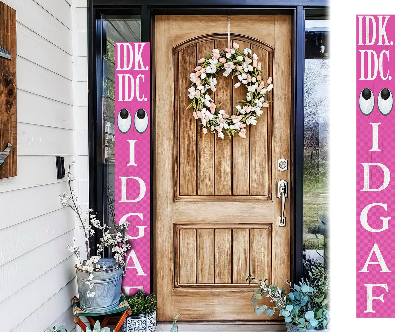 72-Inch Everyday IDK IDC IDGAF Porch Sign | Funny & Humorous Wood Sign | Ideal for Farmhouse Outdoor Entryway, Front Door Wall | Pink