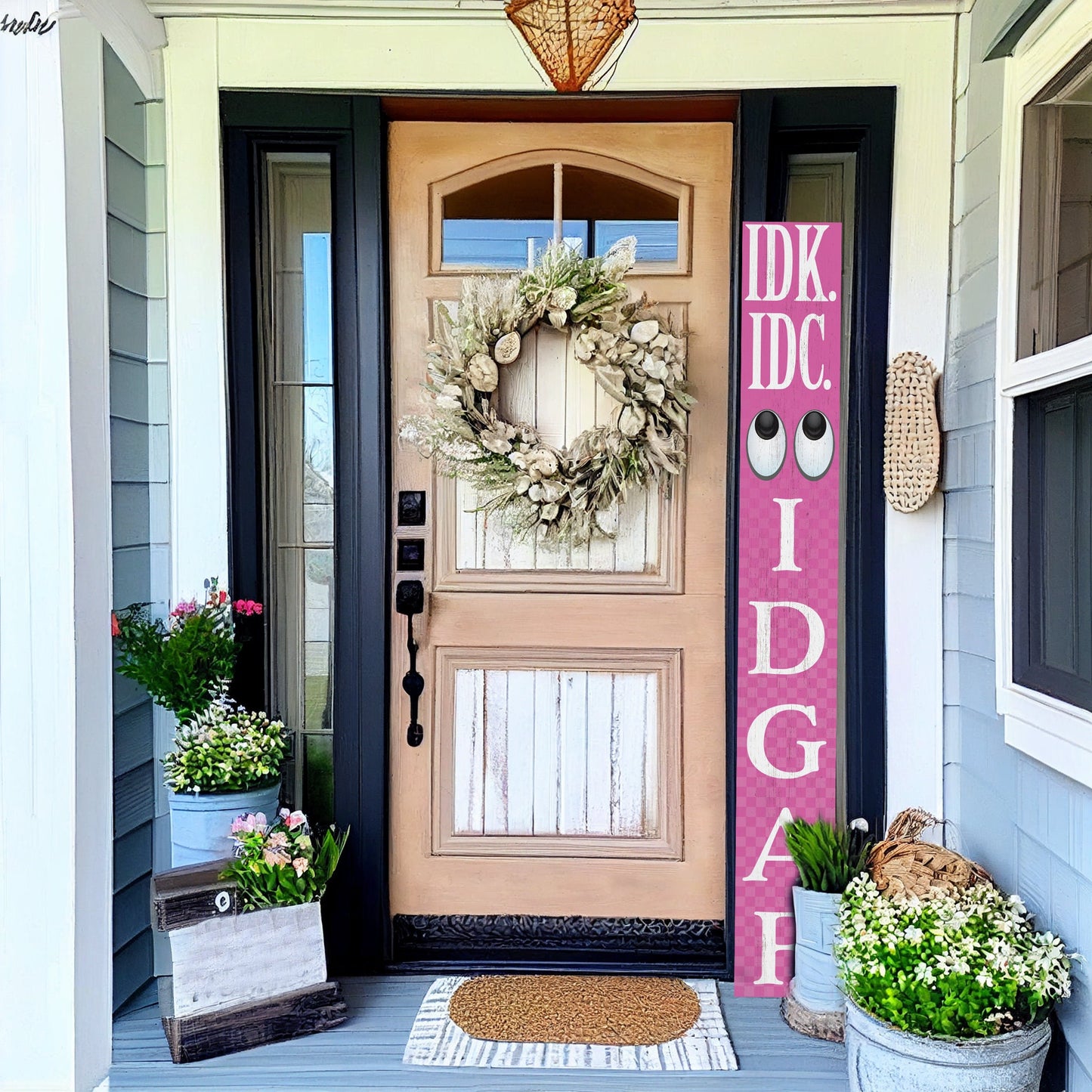 72-Inch Everyday IDK IDC IDGAF Porch Sign | Funny & Humorous Wood Sign | Ideal for Farmhouse Outdoor Entryway, Front Door Wall | Pink