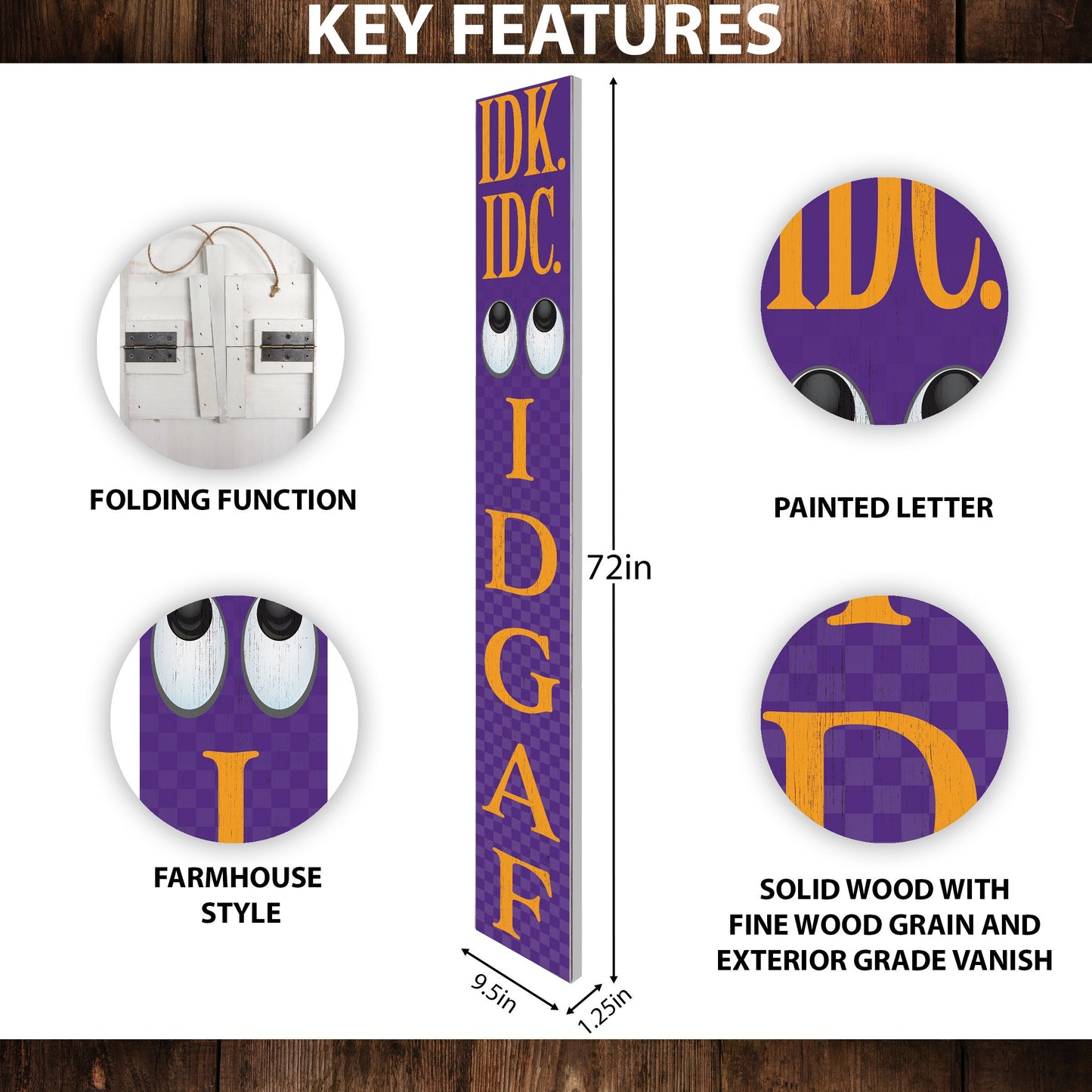 72-Inch Everyday IDK IDC IDGAF Porch Sign | Funny & Humorous Wood Sign | Ideal for Farmhouse Outdoor Entryway, Front Door Wall | Purple