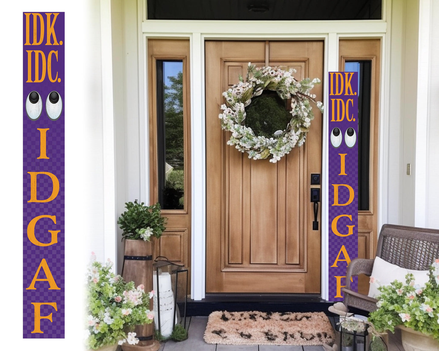 72-Inch Everyday IDK IDC IDGAF Porch Sign | Funny & Humorous Wood Sign | Ideal for Farmhouse Outdoor Entryway, Front Door Wall | Purple